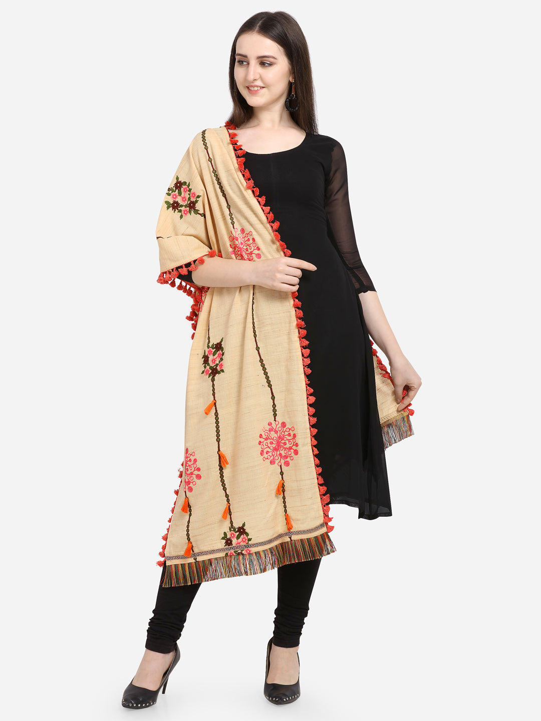 Premium Beige Slub Handloom Cotton Floral Embroidered festive Dupatta _MF7002