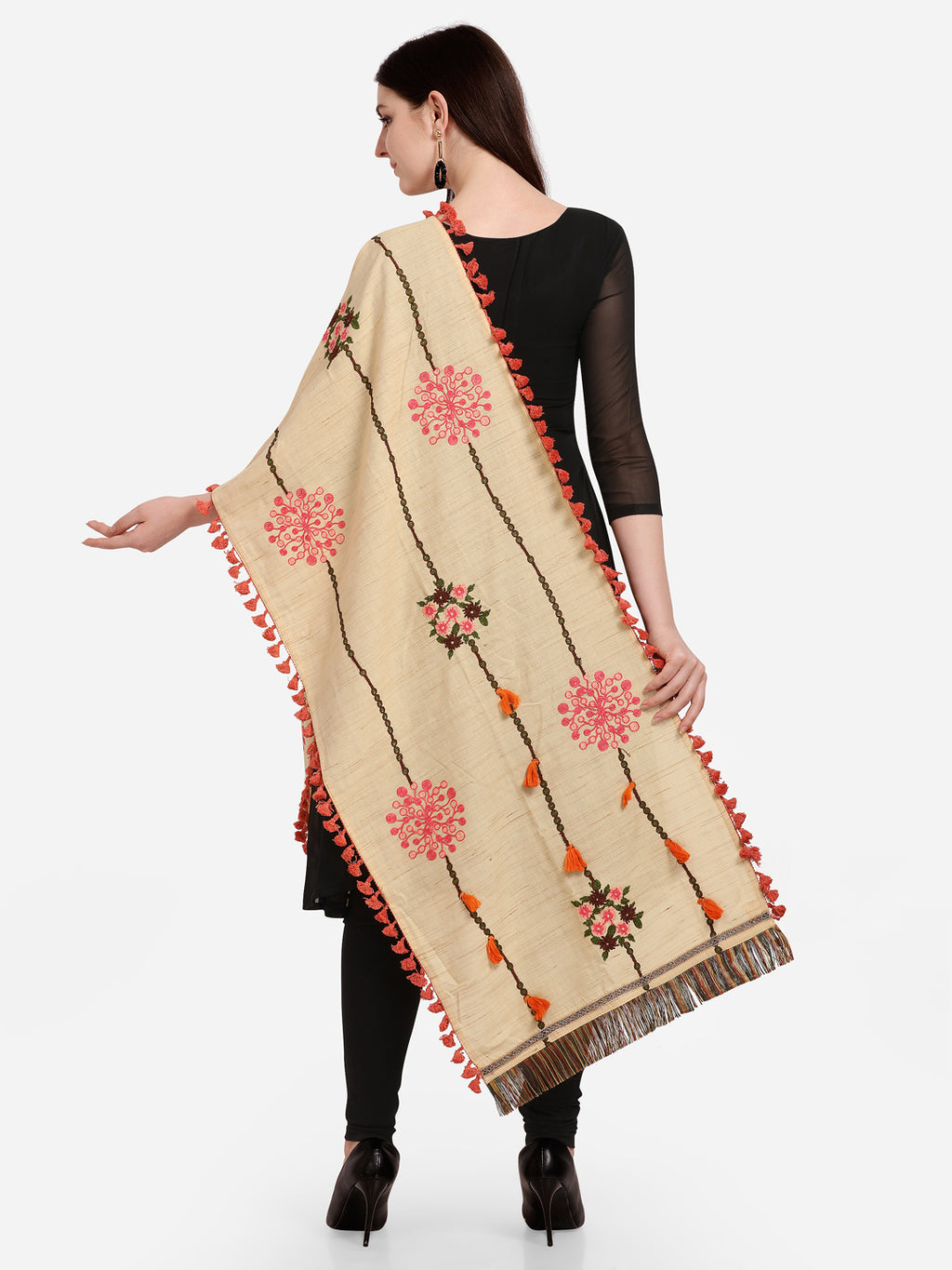 Premium Beige Slub Handloom Cotton Floral Embroidered festive Dupatta _MF7002