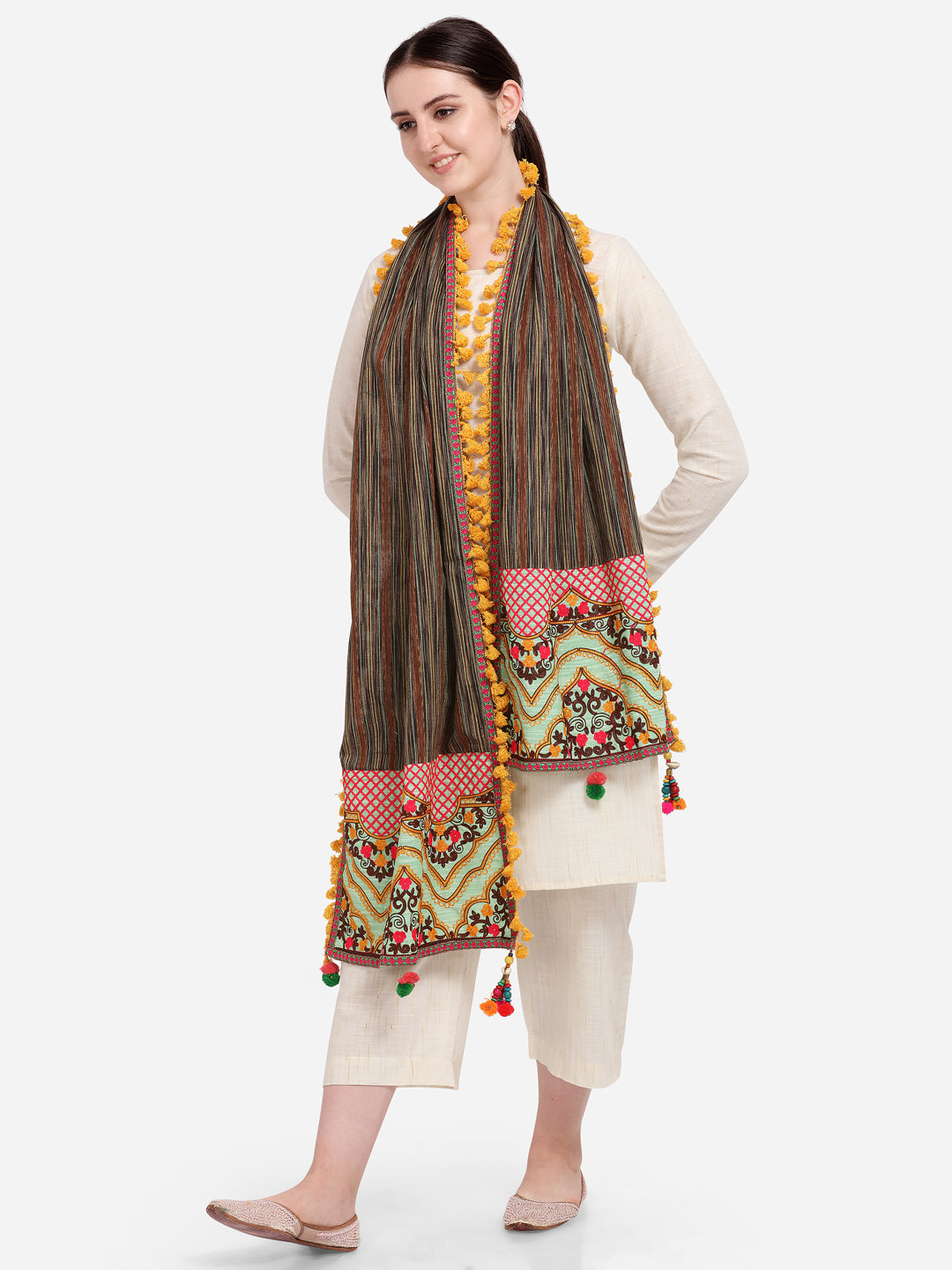 Premium Temple Embroidered Panel Linen Festive Dupatta_MF7003