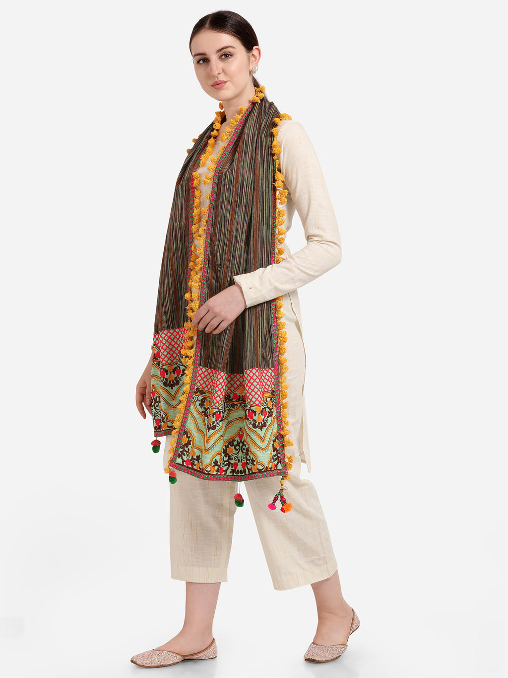 Premium Temple Embroidered Panel Linen Festive Dupatta_MF7003