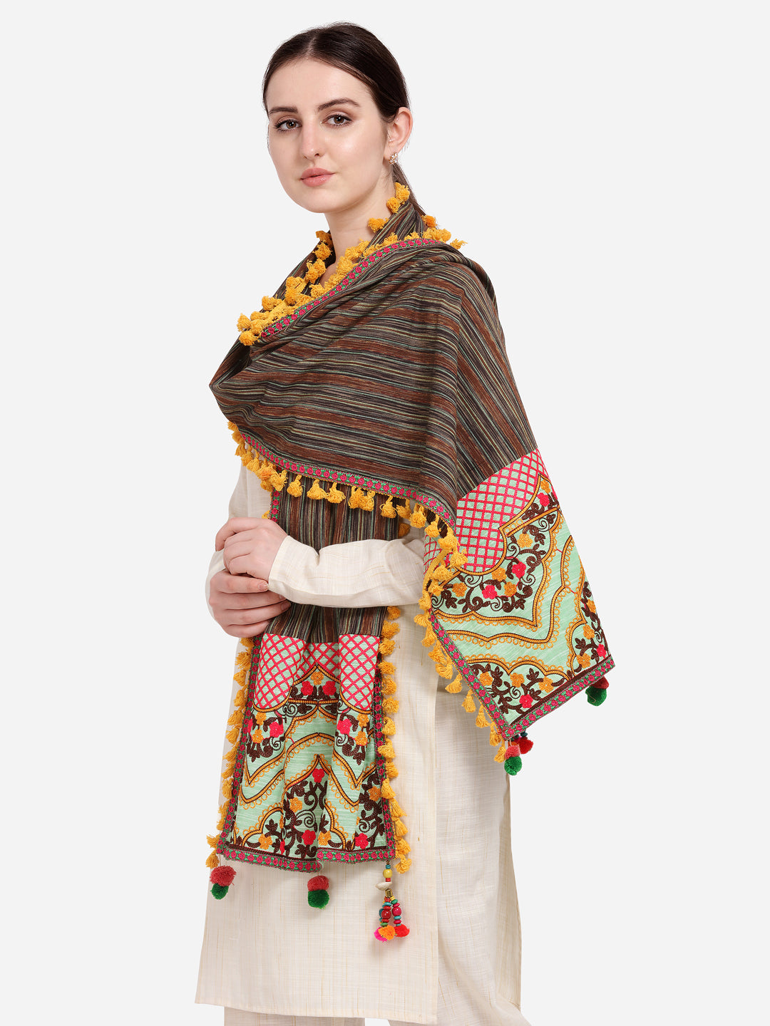 Premium Temple Embroidered Panel Linen Festive Dupatta_MF7003