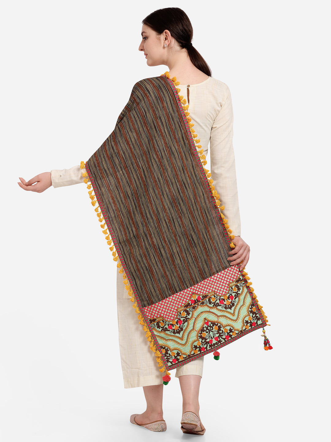 Premium Temple Embroidered Panel Linen Festive Dupatta_MF7003