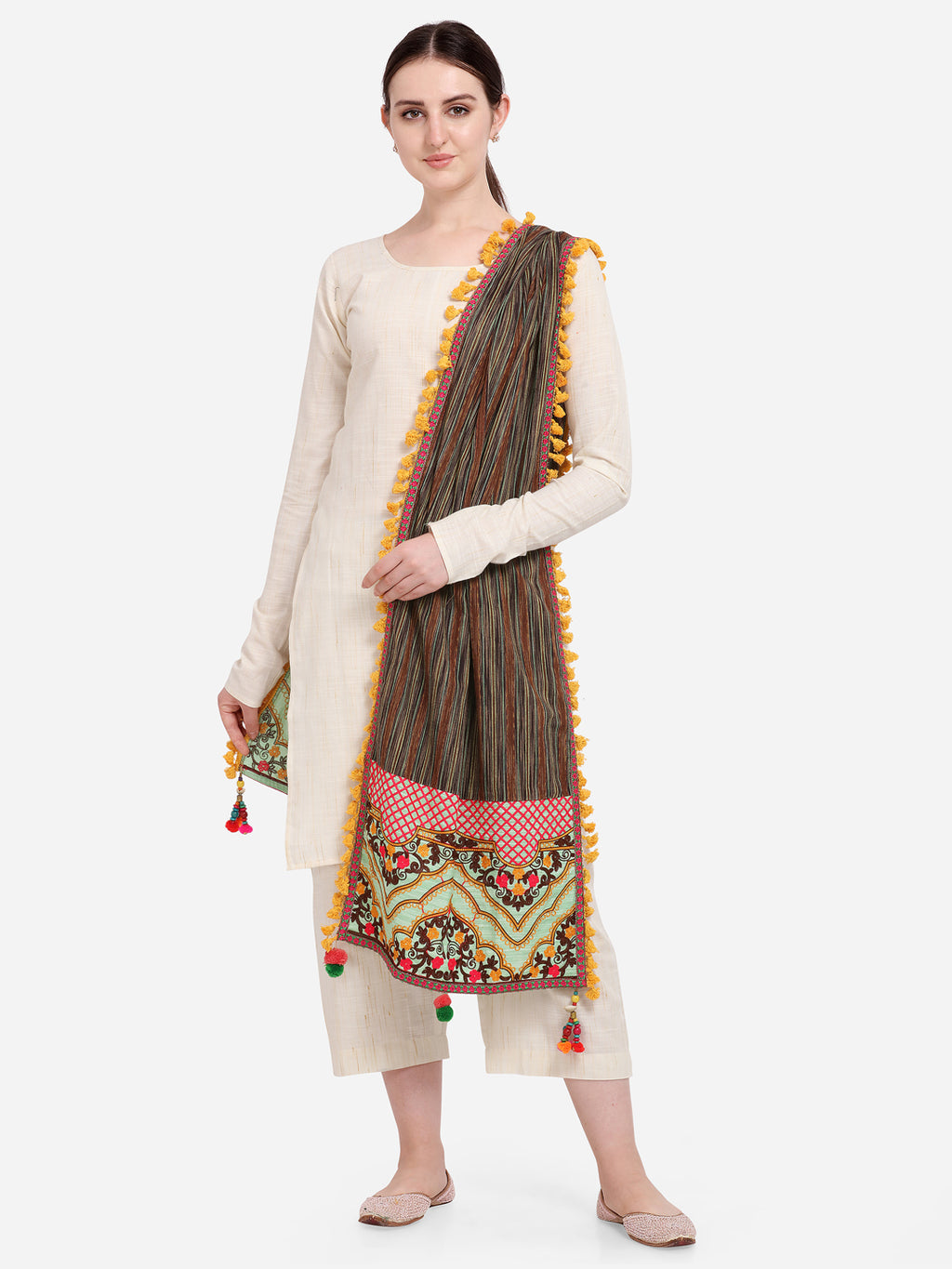 Premium Temple Embroidered Panel Linen Festive Dupatta_MF7003
