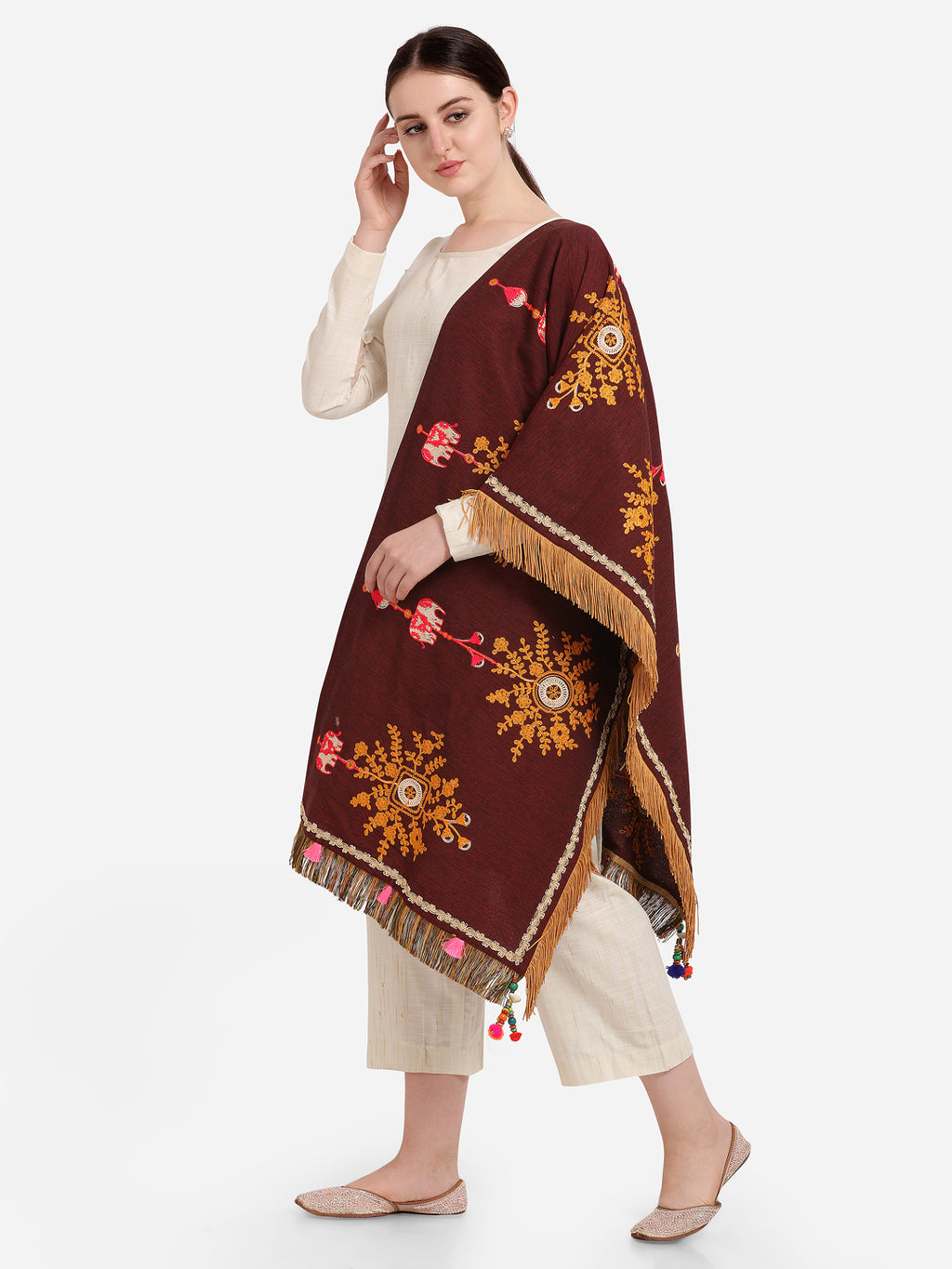 Premium Wine Flower Bunch Embroidered Festive Dupatta_MF7005