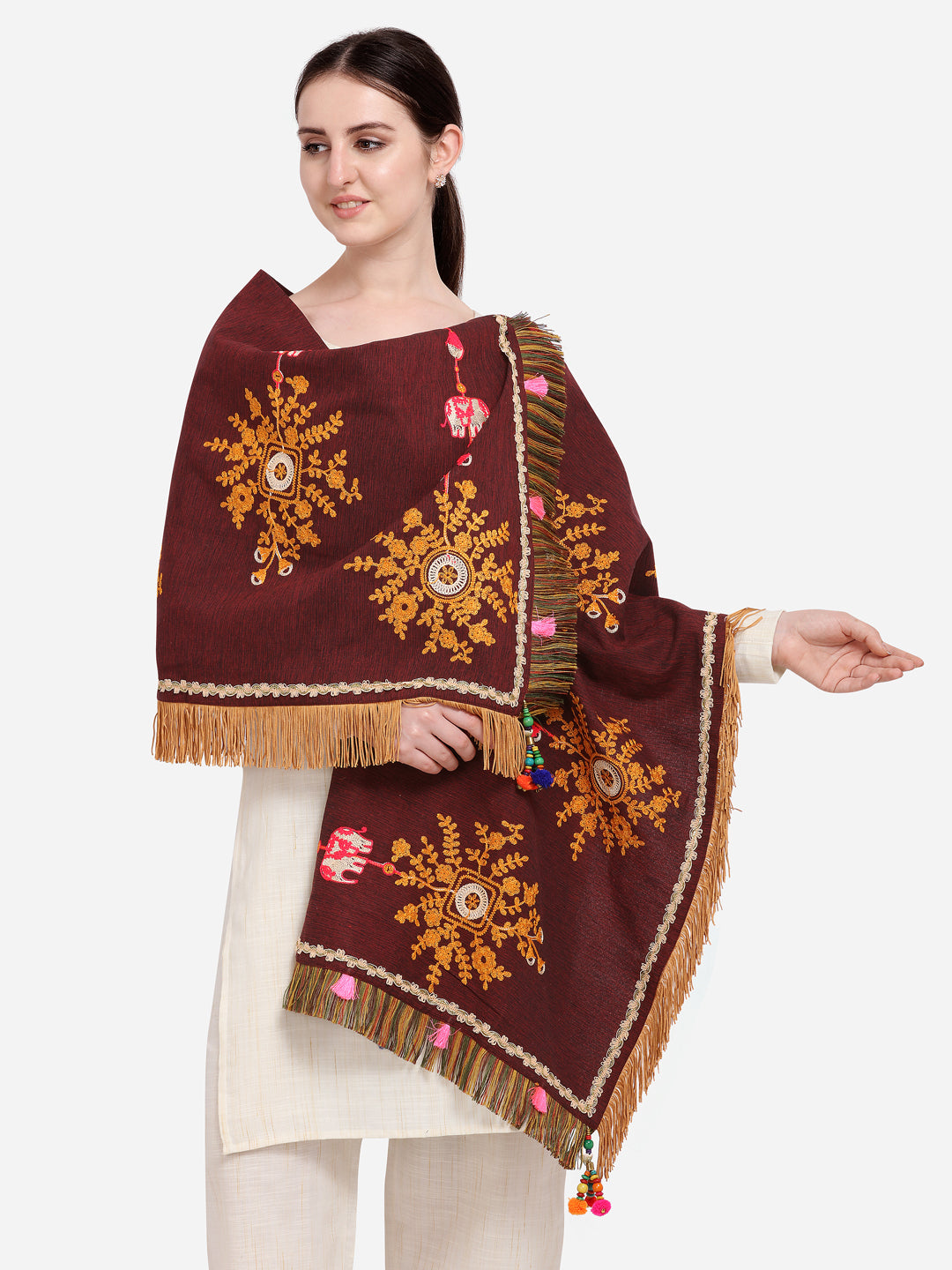 Premium Wine Flower Bunch Embroidered Festive Dupatta_MF7005