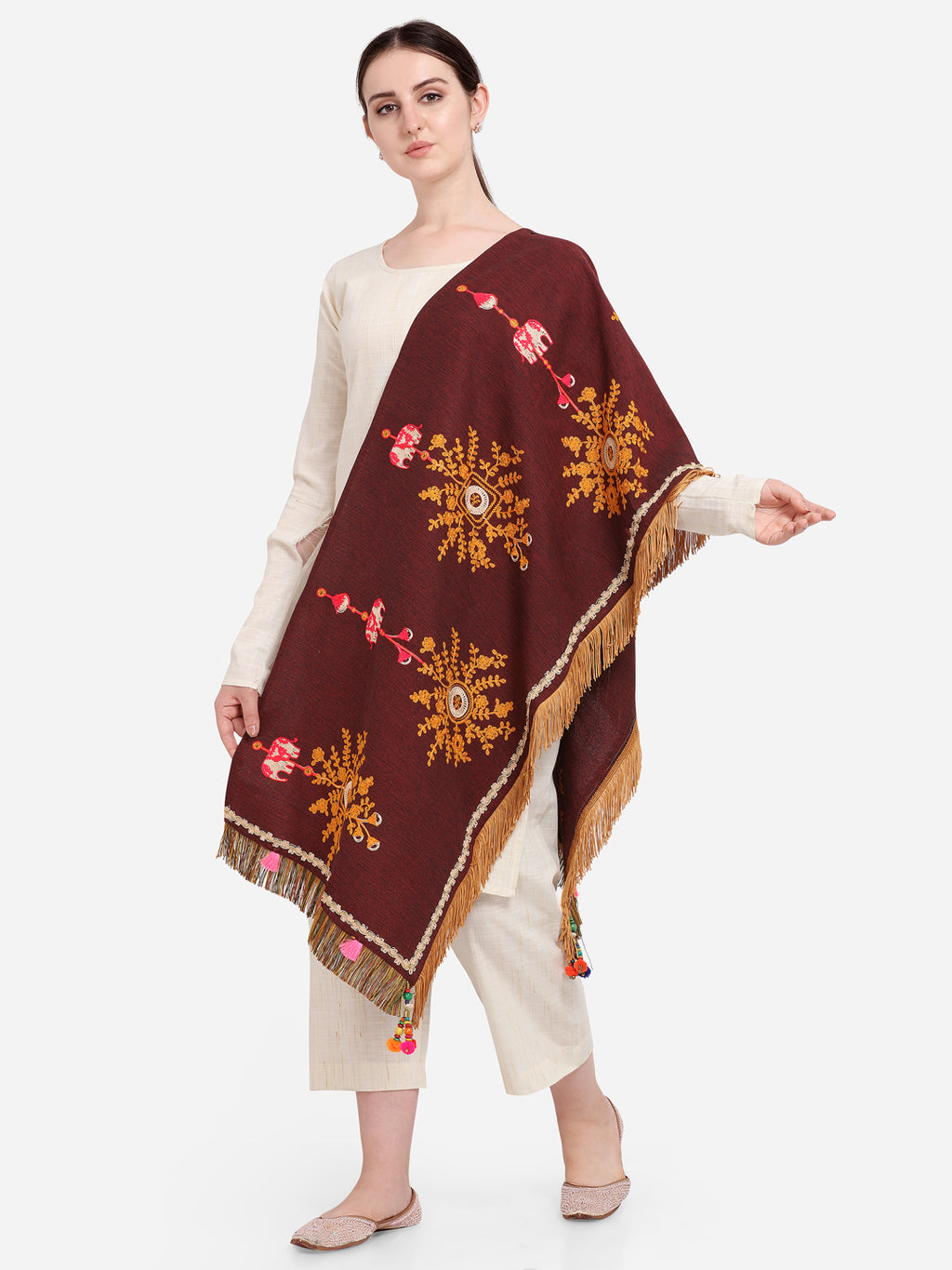 Premium Wine Flower Bunch Embroidered Festive Dupatta_MF7005