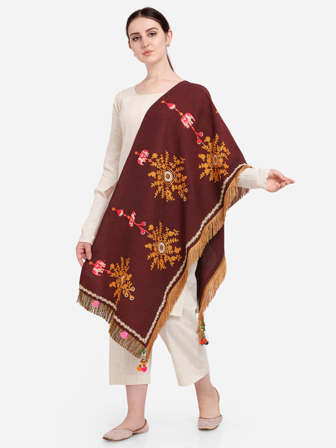 Premium Wine Flower Bunch Embroidered Festive Dupatta_MF7005
