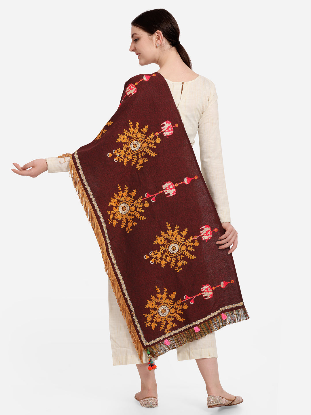 Premium Wine Flower Bunch Embroidered Festive Dupatta_MF7005