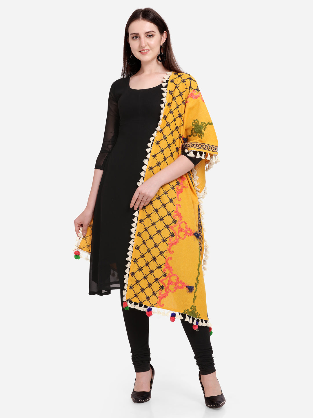 Premium Mustard Temple Embroidered Linen Festive Dupatta_MF7007