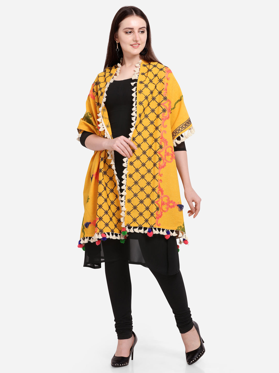 Premium Mustard Temple Embroidered Linen Festive Dupatta_MF7007