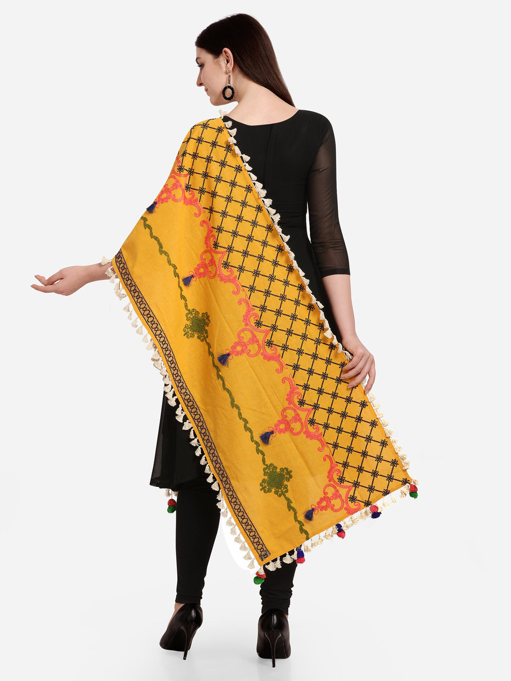 Premium Mustard Temple Embroidered Linen Festive Dupatta_MF7007