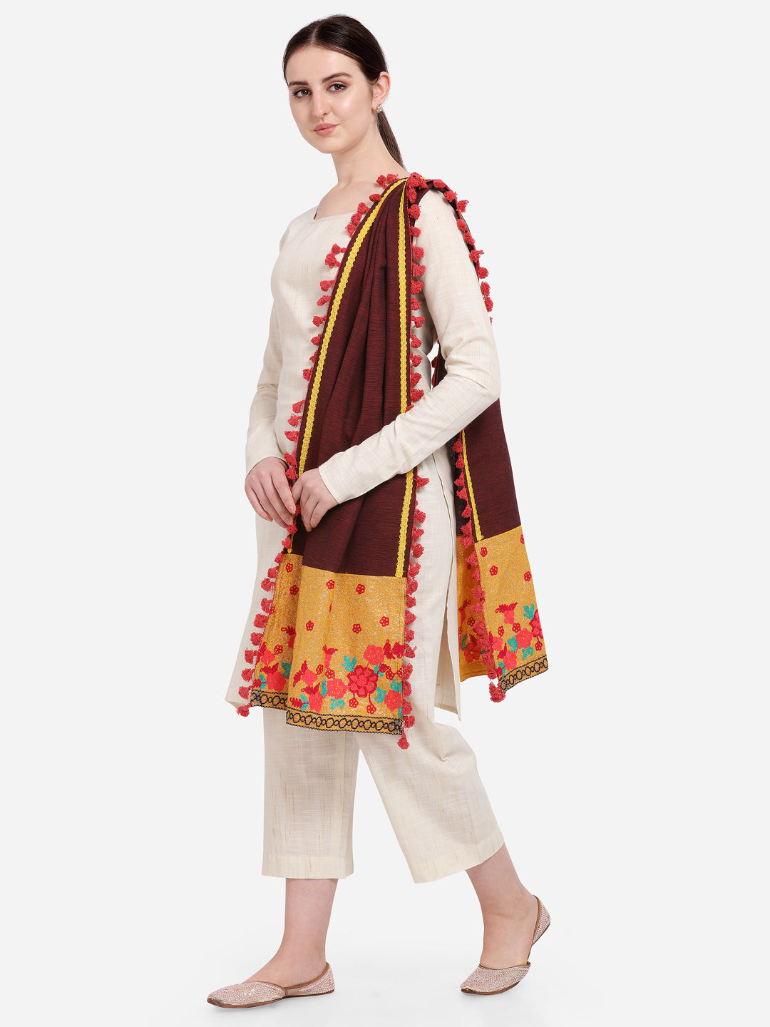 Premium Mustard Floral Panel Linen Festive Dupatta_MF7008