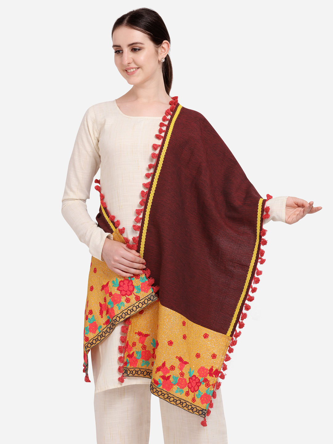 Premium Mustard Floral Panel Linen Festive Dupatta_MF7008