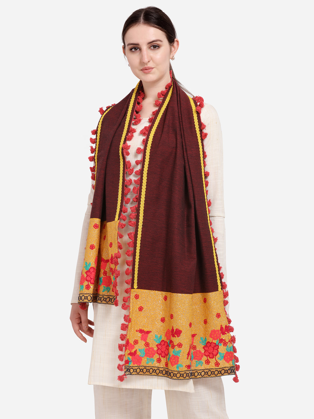 Premium Mustard Floral Panel Linen Festive Dupatta_MF7008