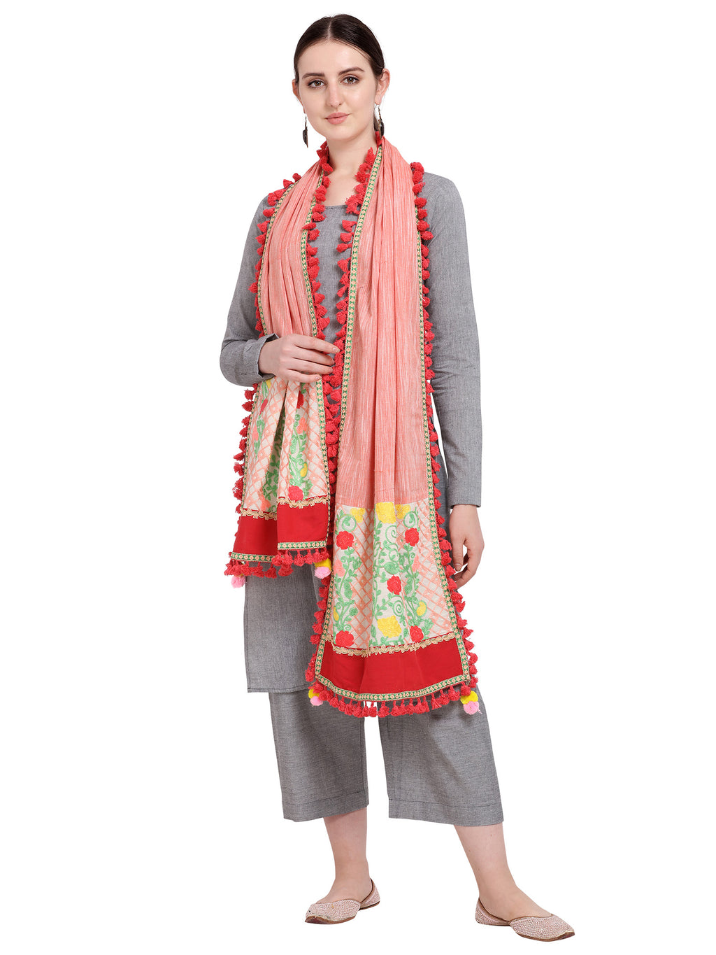 Premium Peach Floral Embroidered Linen Festive Dupatta_MF7009