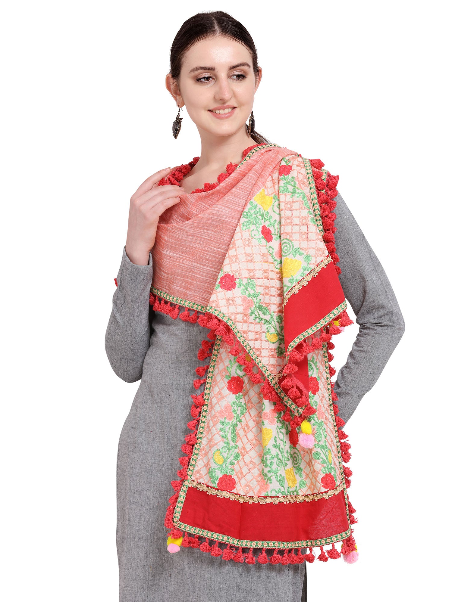 Premium Peach Floral Embroidered Linen Festive Dupatta_MF7009