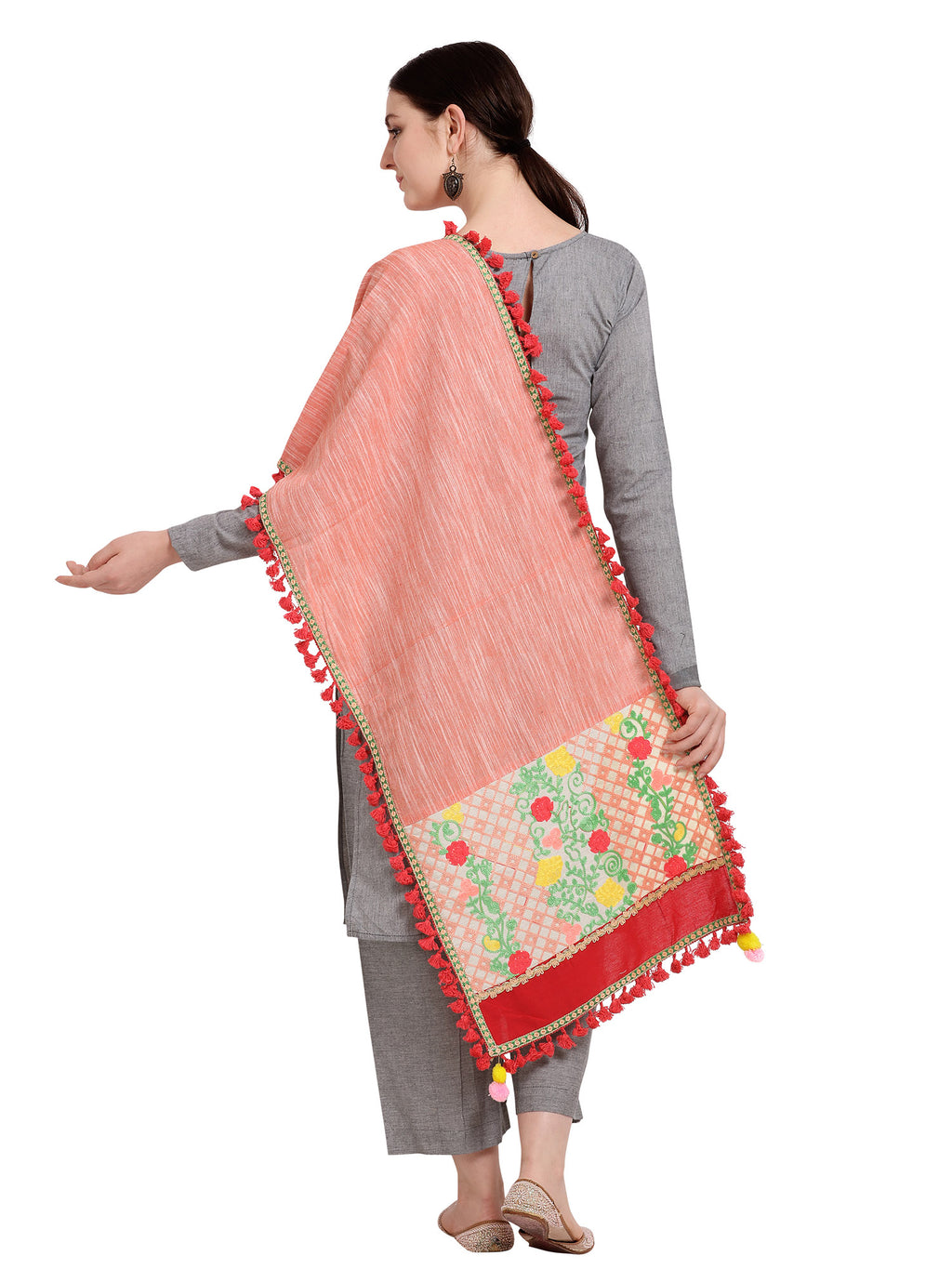 Premium Peach Floral Embroidered Linen Festive Dupatta_MF7009