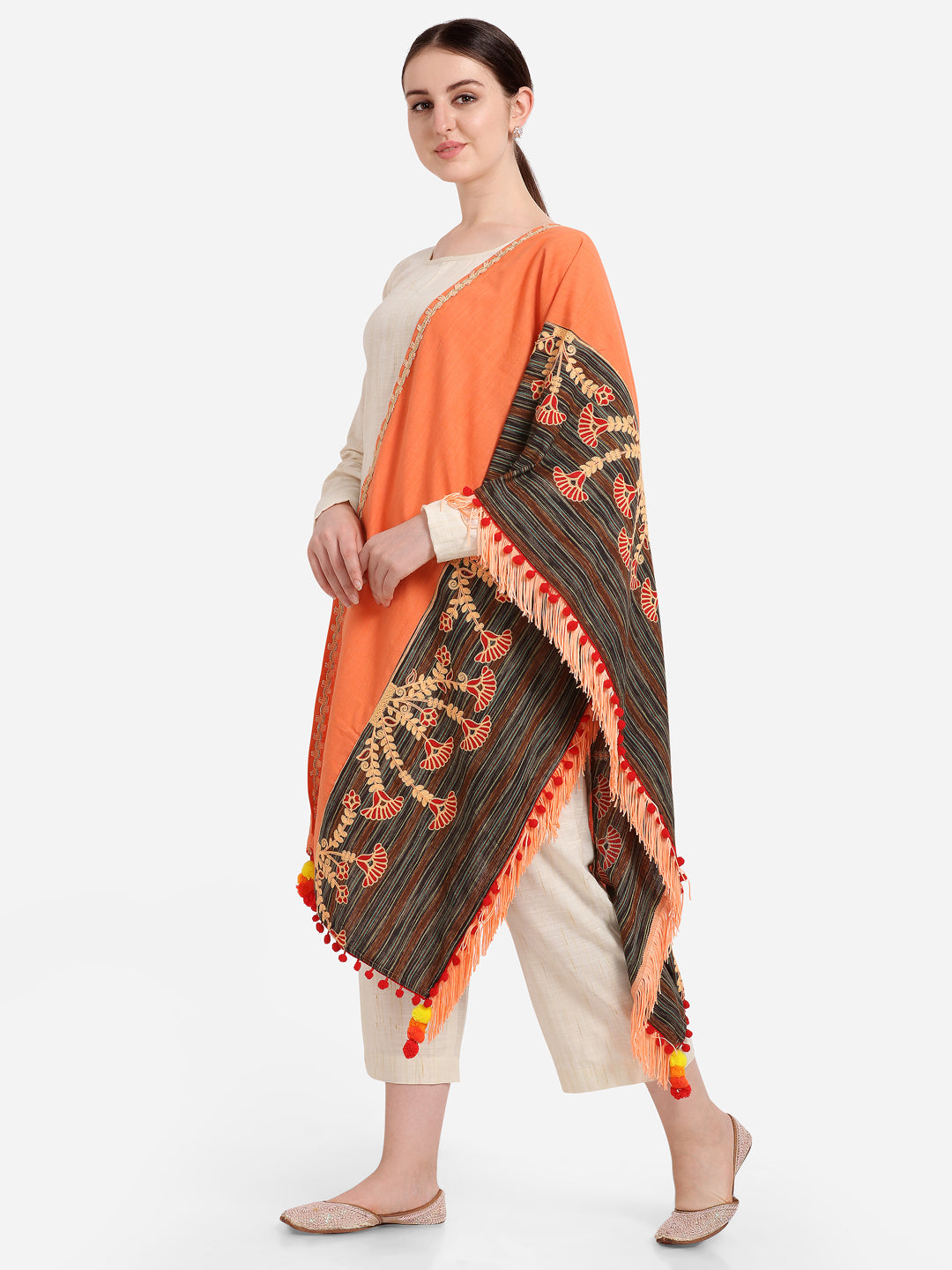 Premium Peach Marigold Embroidered Half And Half Festive Dupatta_MF7011