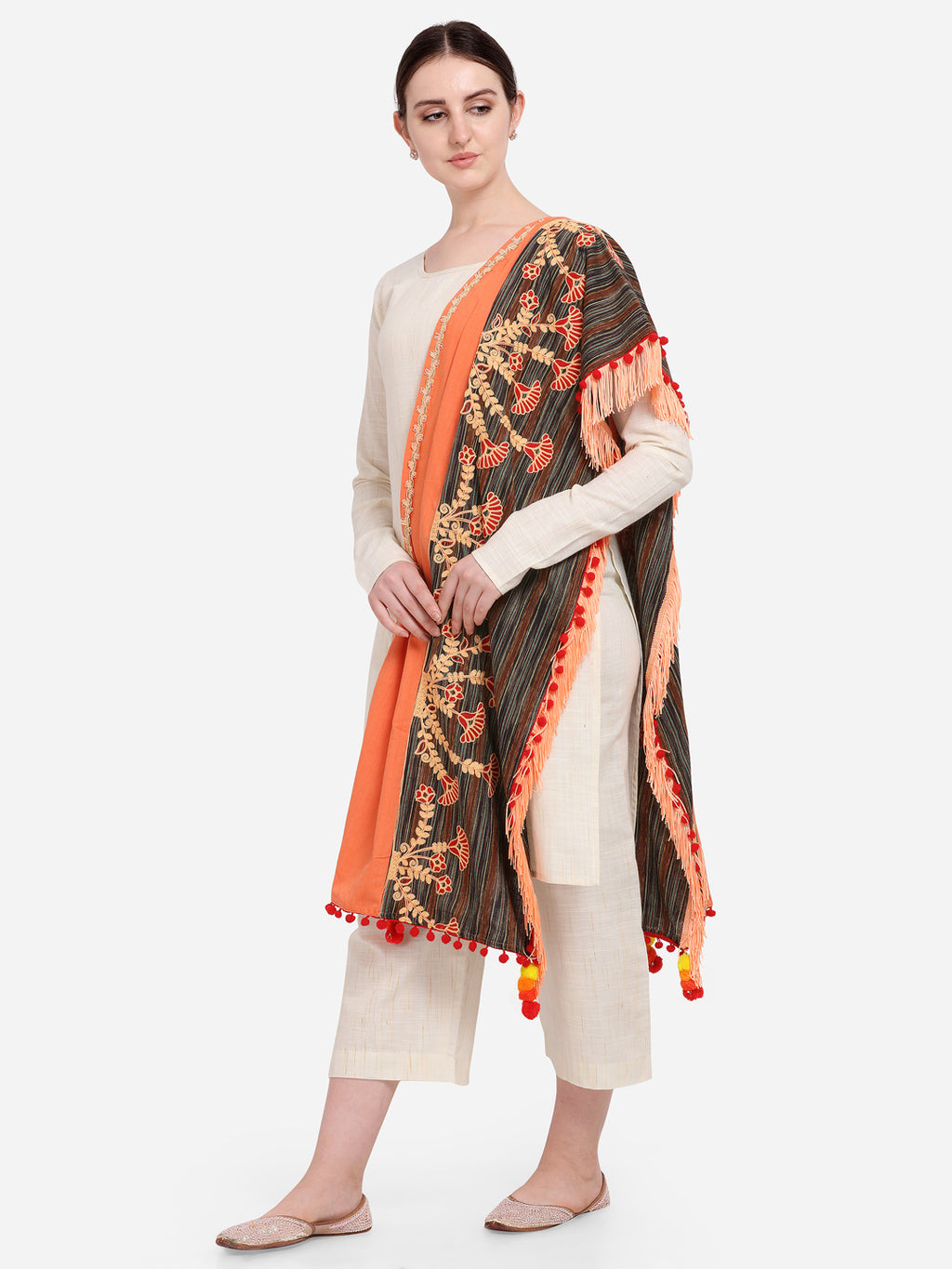 Premium Peach Marigold Embroidered Half And Half Festive Dupatta_MF7011