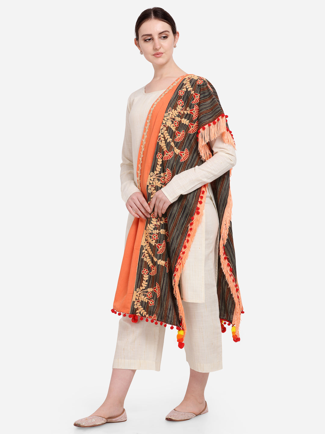 Premium Peach Marigold Embroidered Half And Half Festive Dupatta_MF7011