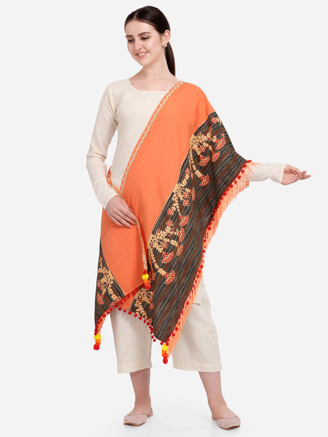 Premium Peach Marigold Embroidered Half And Half Festive Dupatta_MF7011