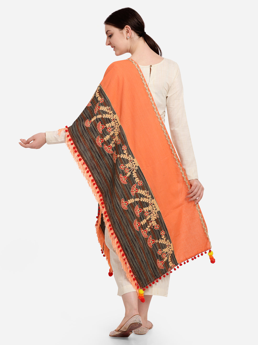Premium Peach Marigold Embroidered Half And Half Festive Dupatta_MF7011