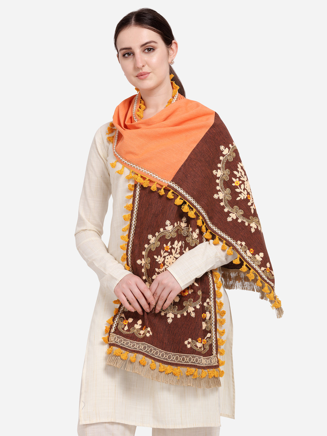 Premium Peach Embroidered Panel Handloom Cotton Festive Dupatta_MF7012