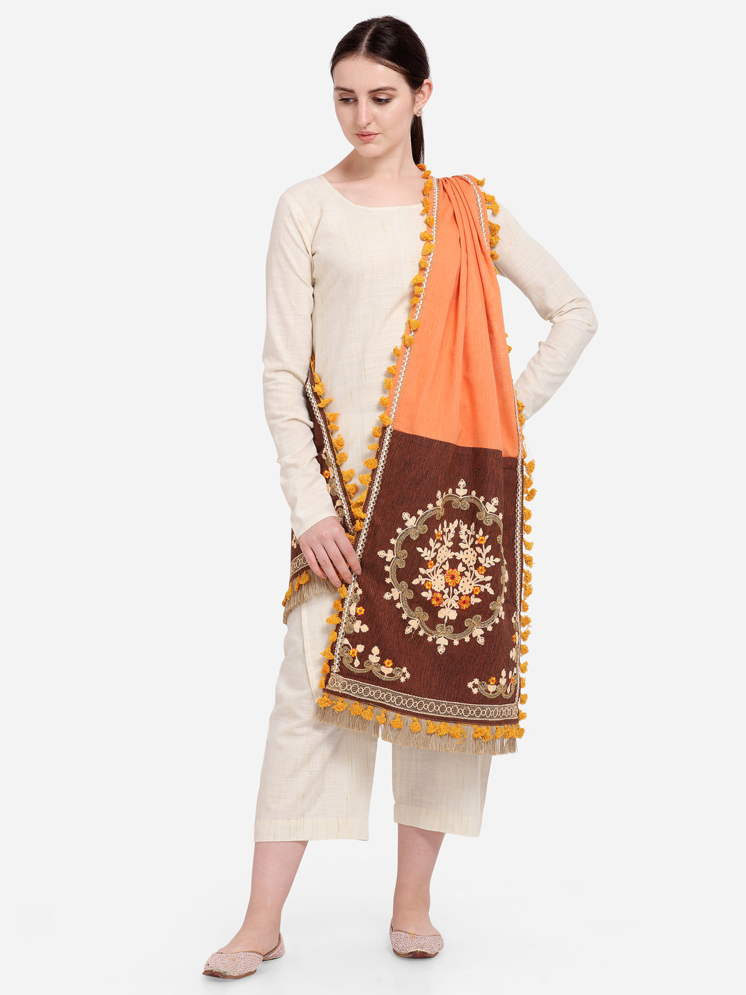 Premium Peach Embroidered Panel Handloom Cotton Festive Dupatta_MF7012