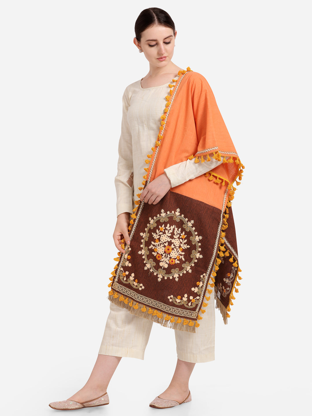 Premium Peach Embroidered Panel Handloom Cotton Festive Dupatta_MF7012