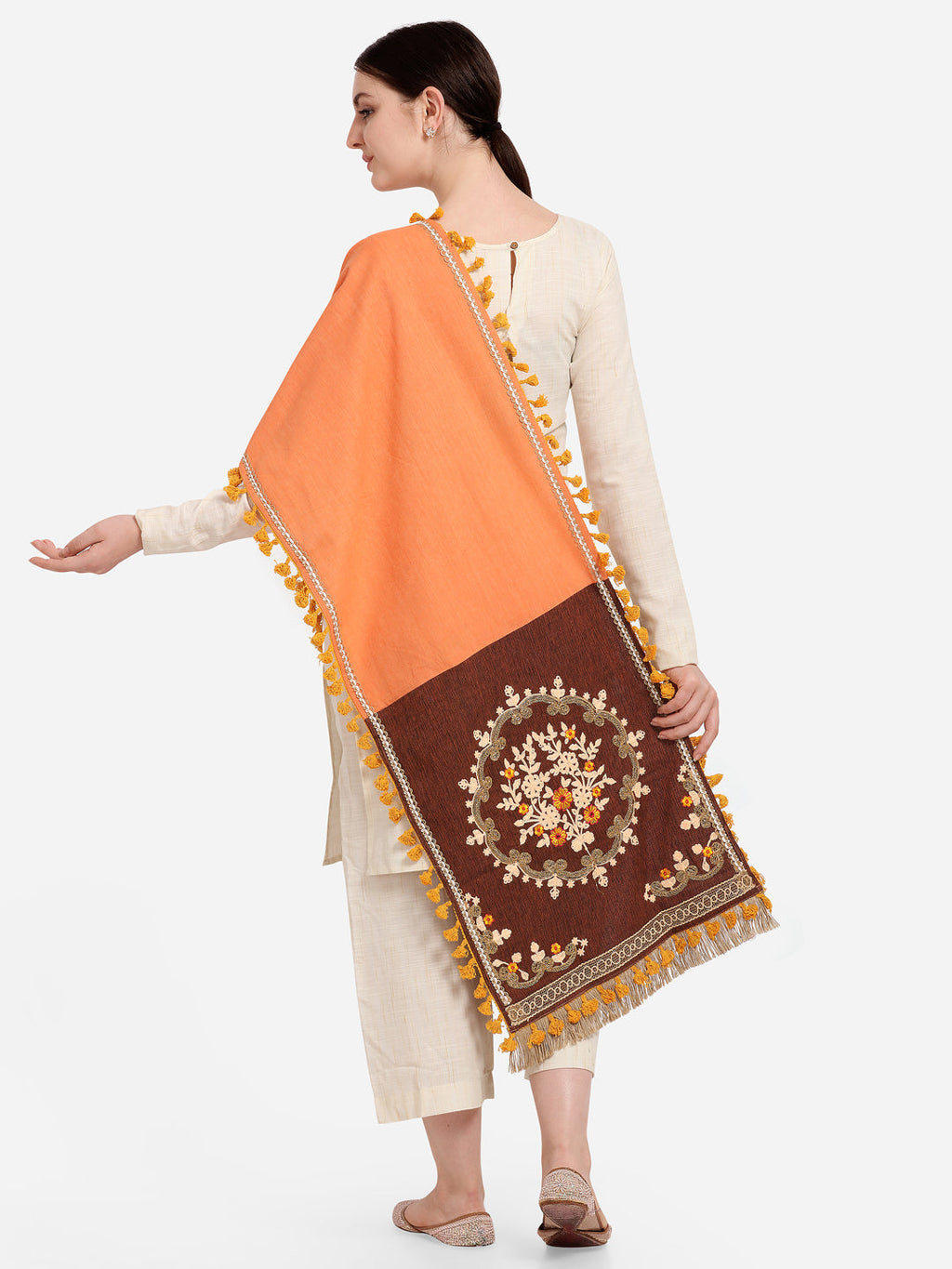 Premium Peach Embroidered Panel Handloom Cotton Festive Dupatta_MF7012