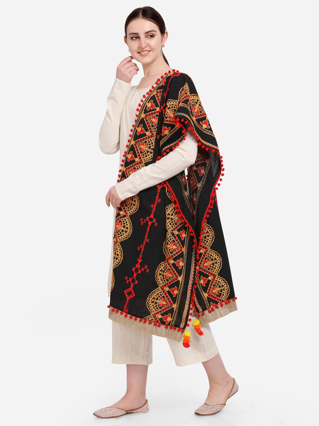 Premium Black Traditional Embroidered Linen Festive Dupatta_MF7014