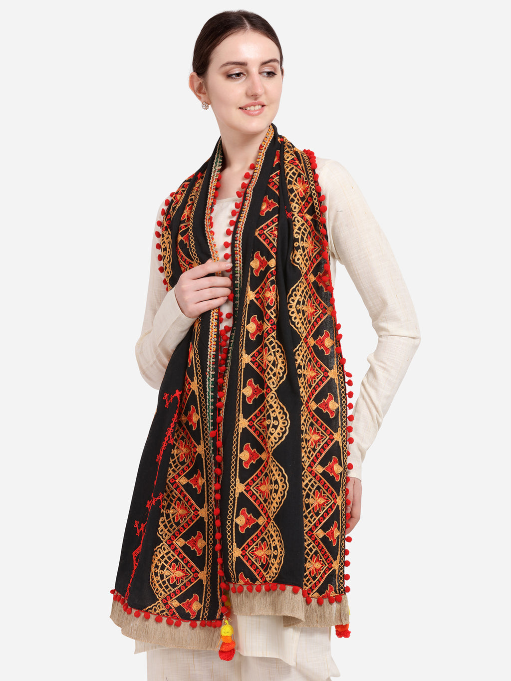 Premium Black Traditional Embroidered Linen Festive Dupatta_MF7014