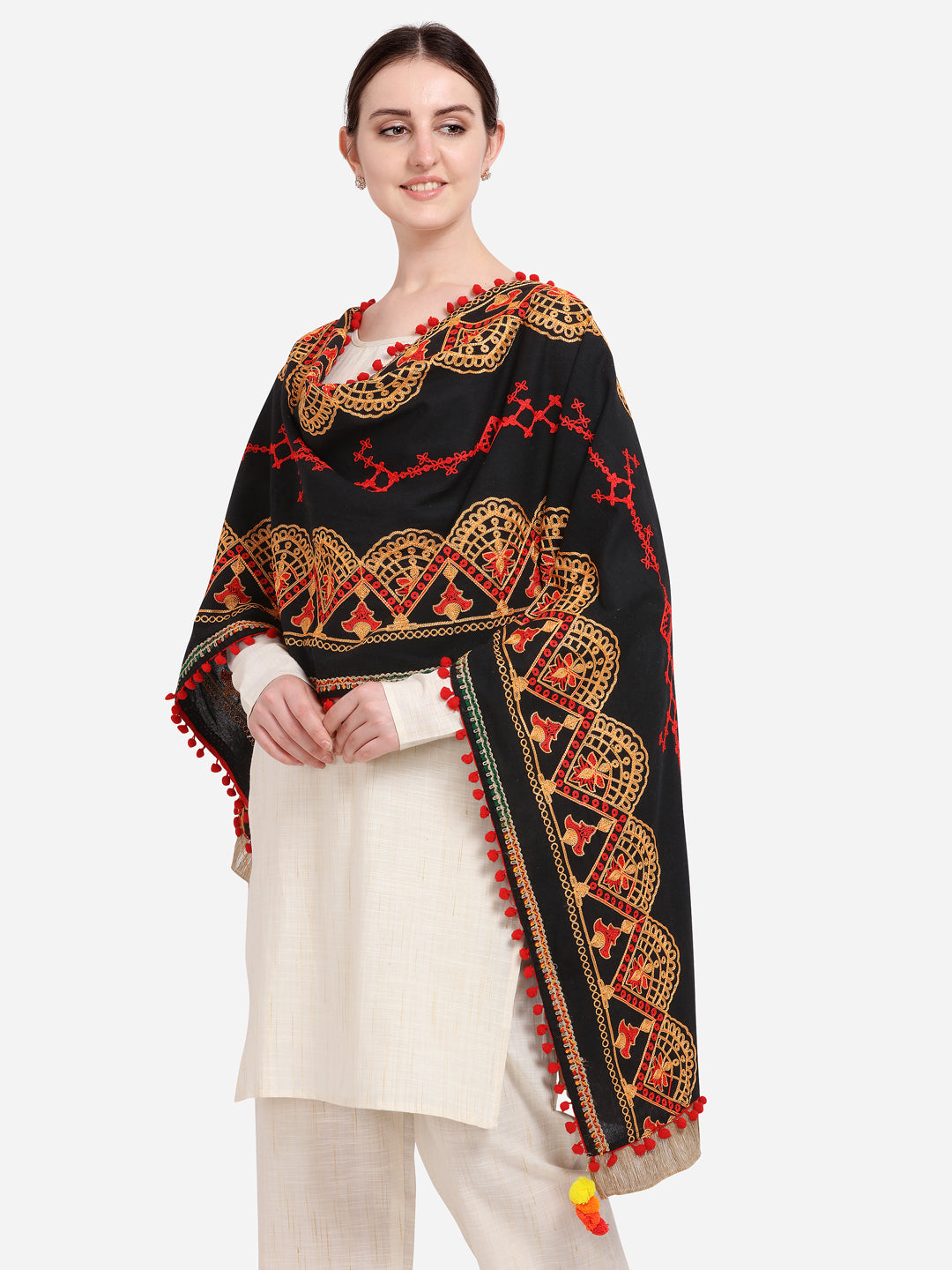 Premium Black Traditional Embroidered Linen Festive Dupatta_MF7014