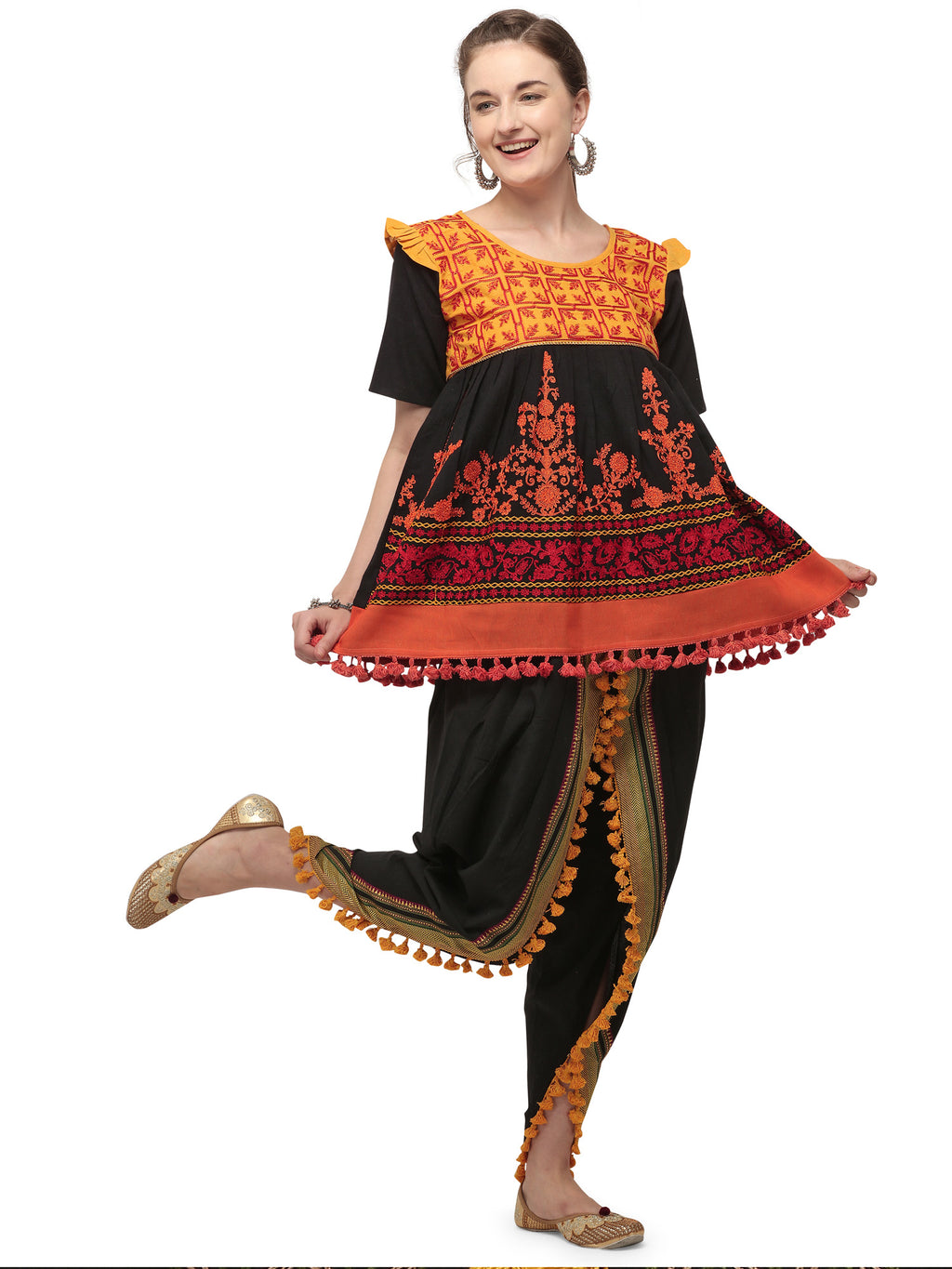 Black yellow unique Handloom Cotton  kedia with baby yoke and pants set (MF8004)