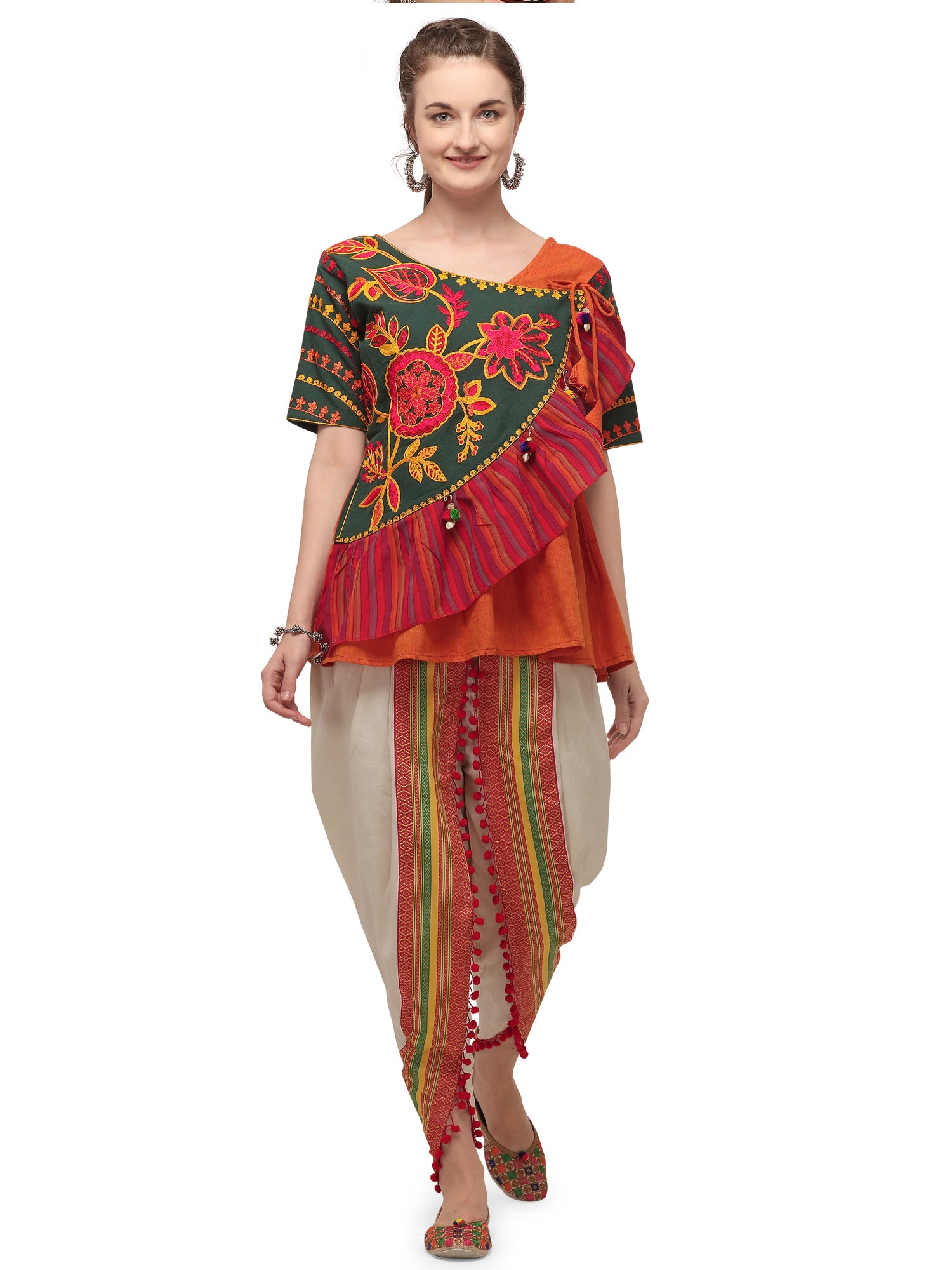 Orange angrakha pink frill kedia with off white bordered tulip pant (MF8009)