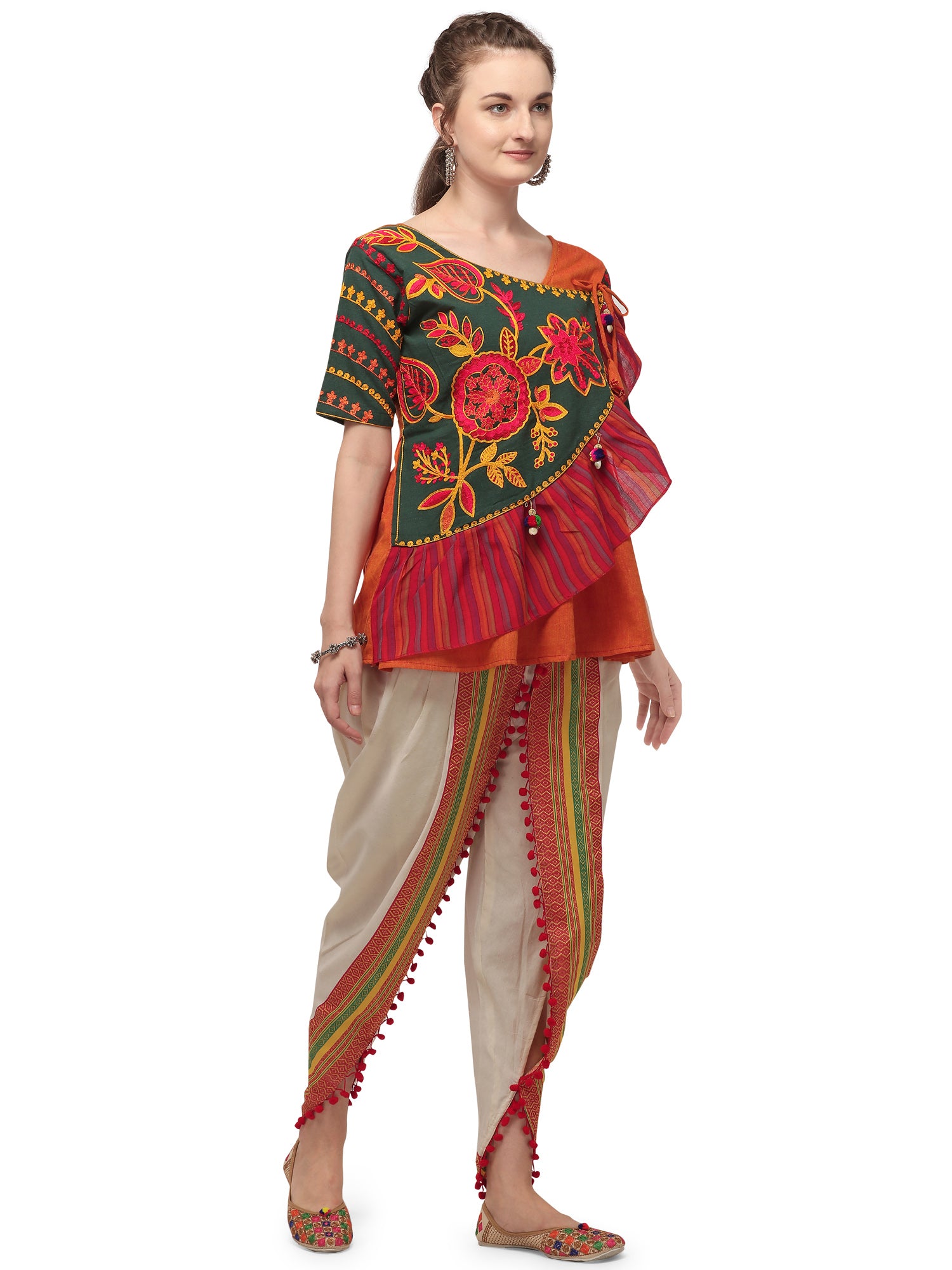 Orange angrakha pink frill kedia with off white bordered tulip pant (MF8009)