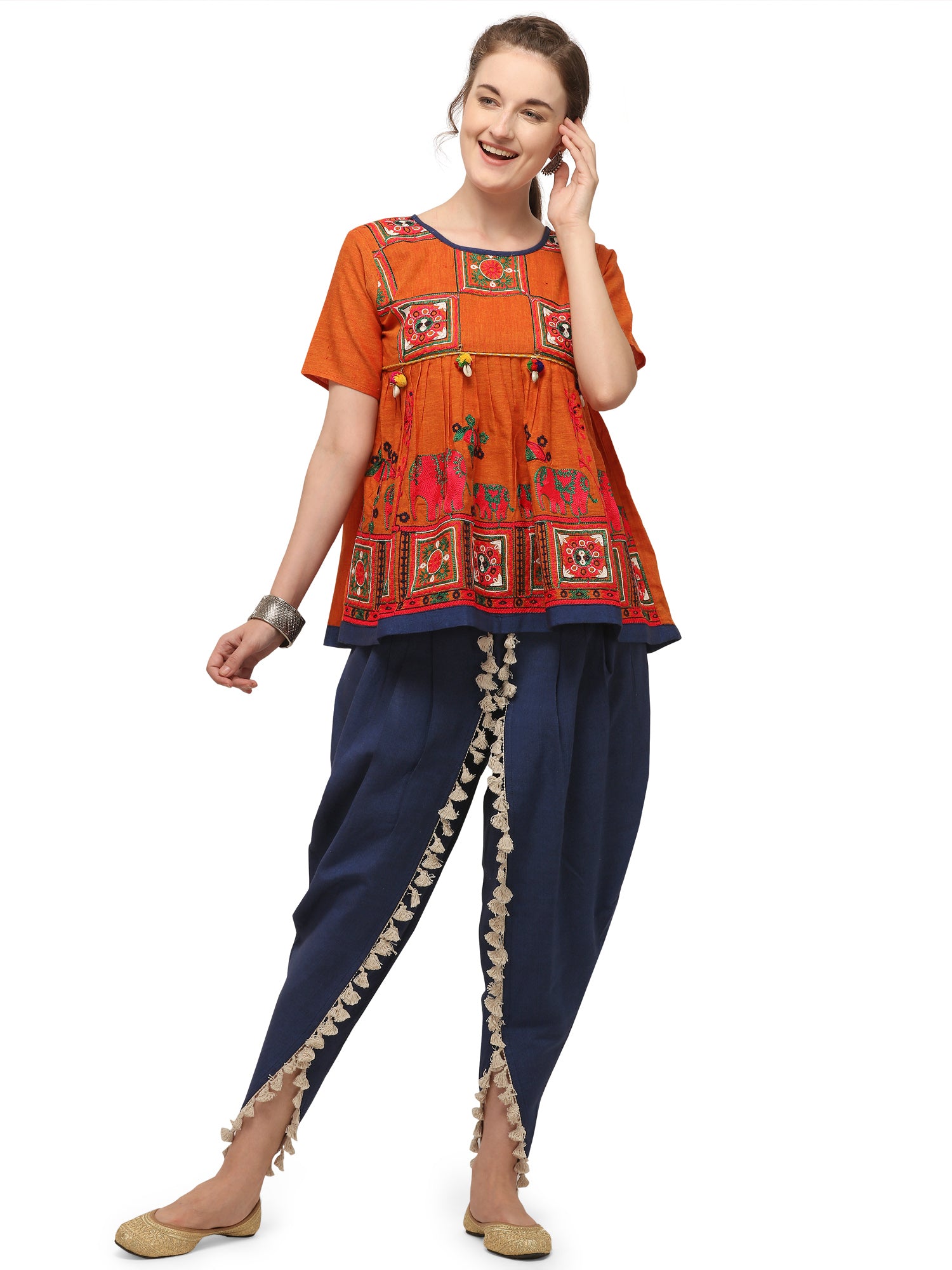 Orange elephant motif kedia set with tulip pants (MF8010)