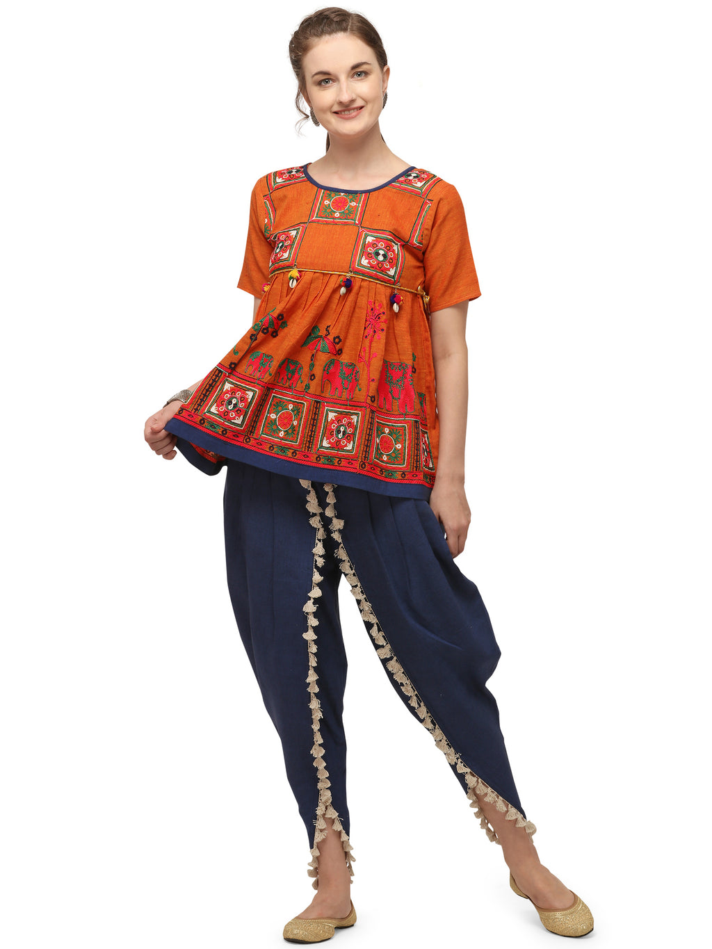 Orange elephant motif kedia set with tulip pants (MF8010)