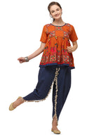 Orange elephant motif kedia set with tulip pants (MF8010)