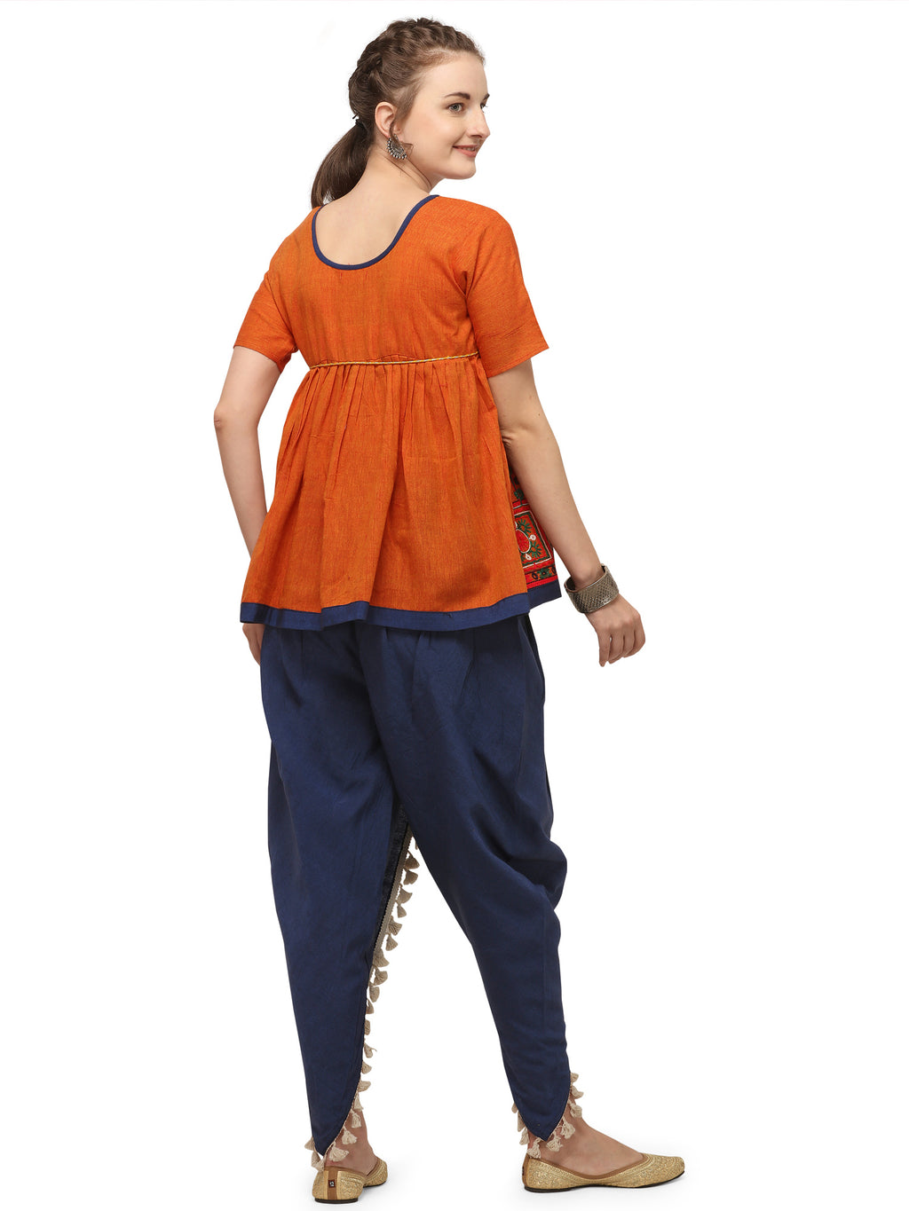 Orange elephant motif kedia set with tulip pants (MF8010)