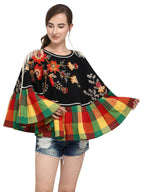 Black one side brotch checks frilled poncho (MF9004)