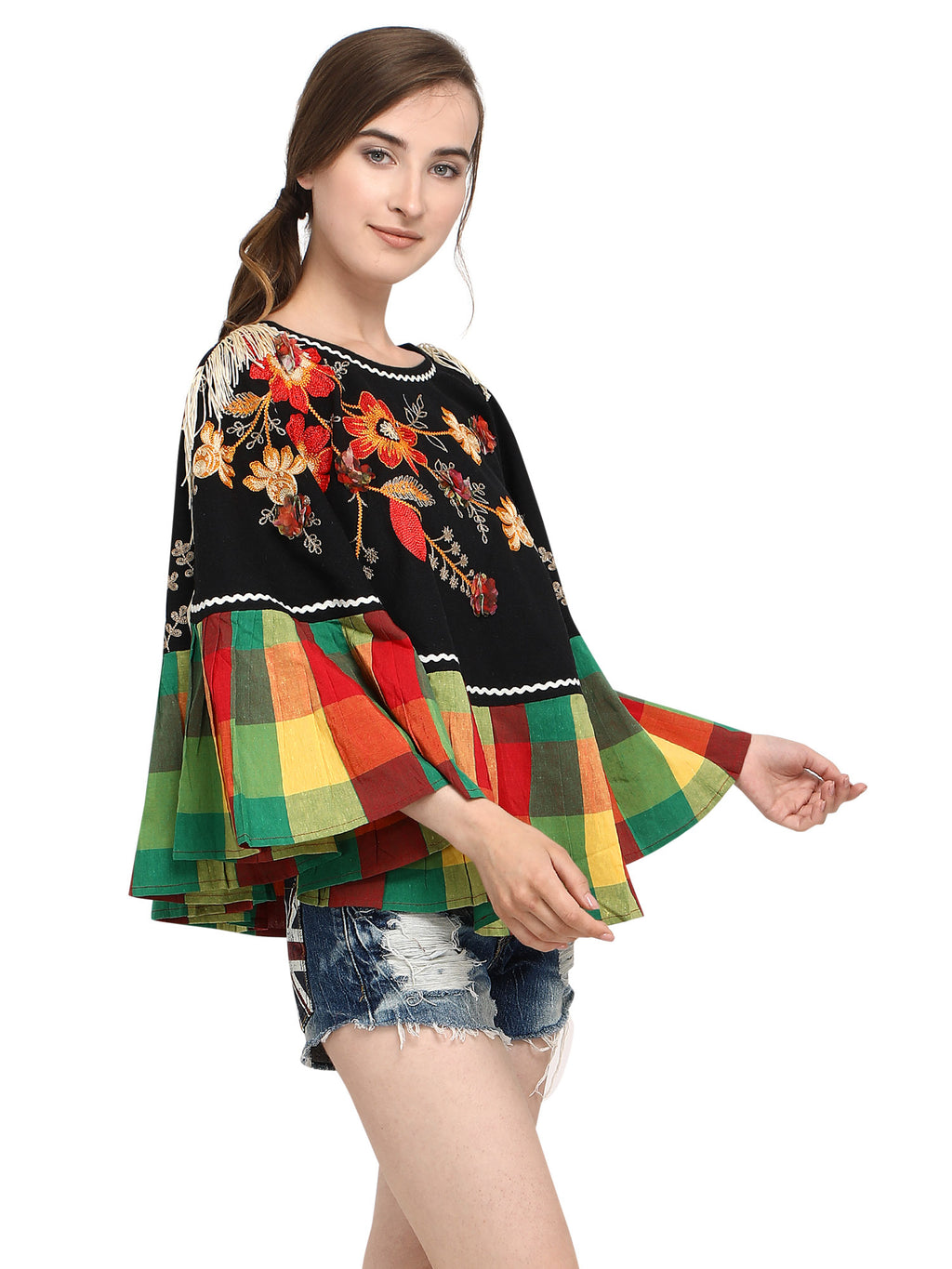 Black one side brotch checks frilled poncho (MF9004)