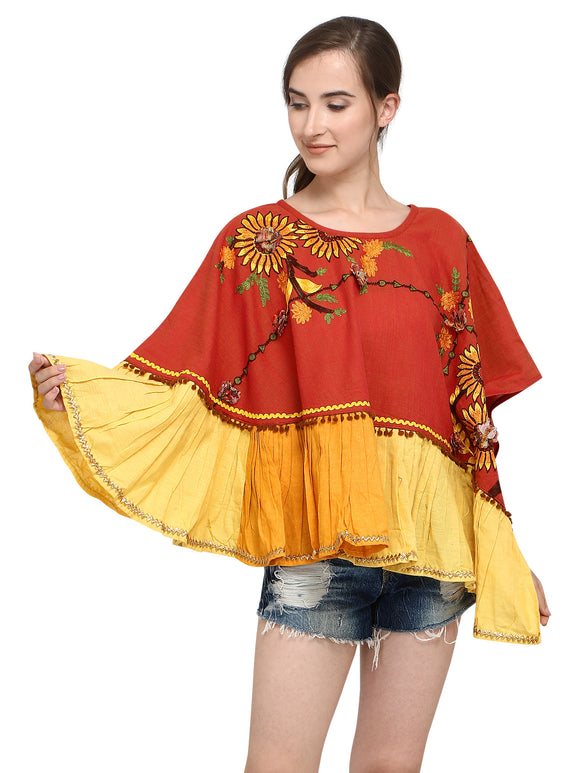 Rust Sunflower Embroidery Assymetric poncho (MF9005)