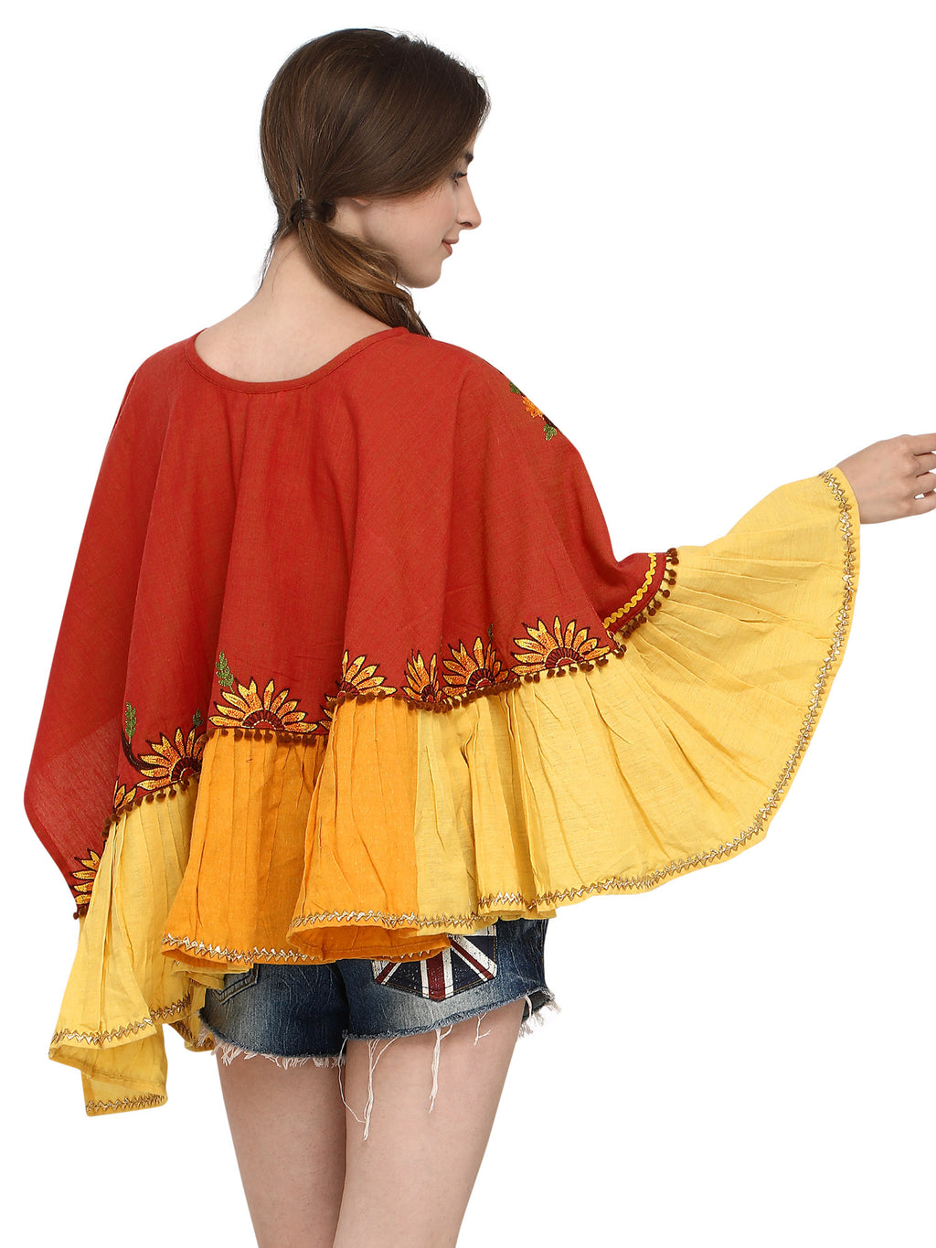 Rust Sunflower Embroidery Assymetric poncho (MF9005)