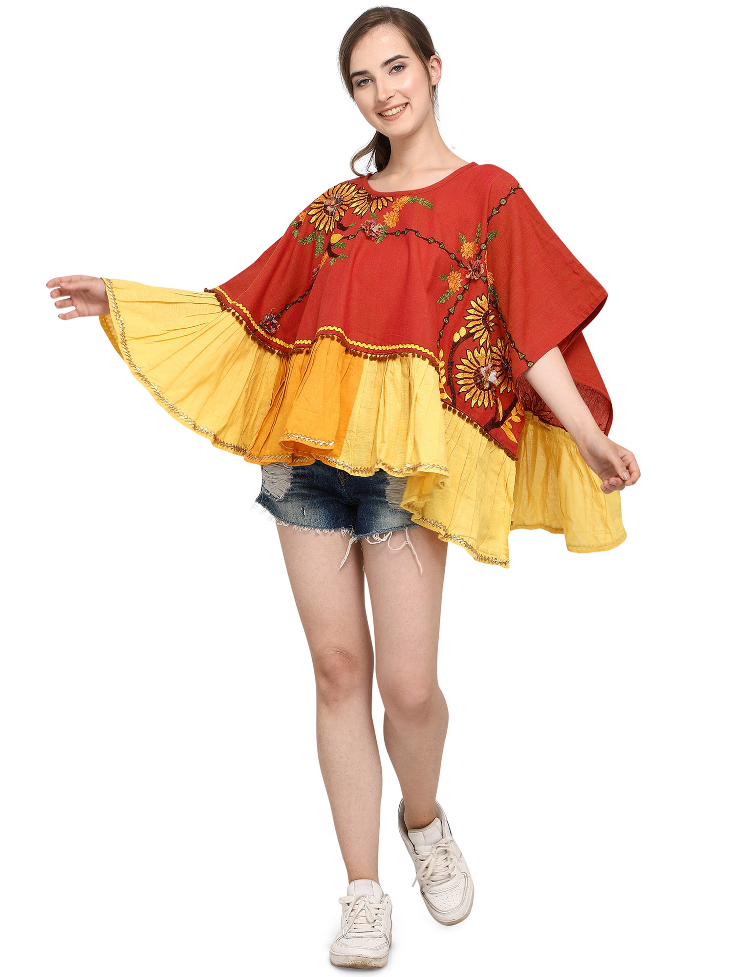 Rust Sunflower Embroidery Assymetric poncho (MF9005)