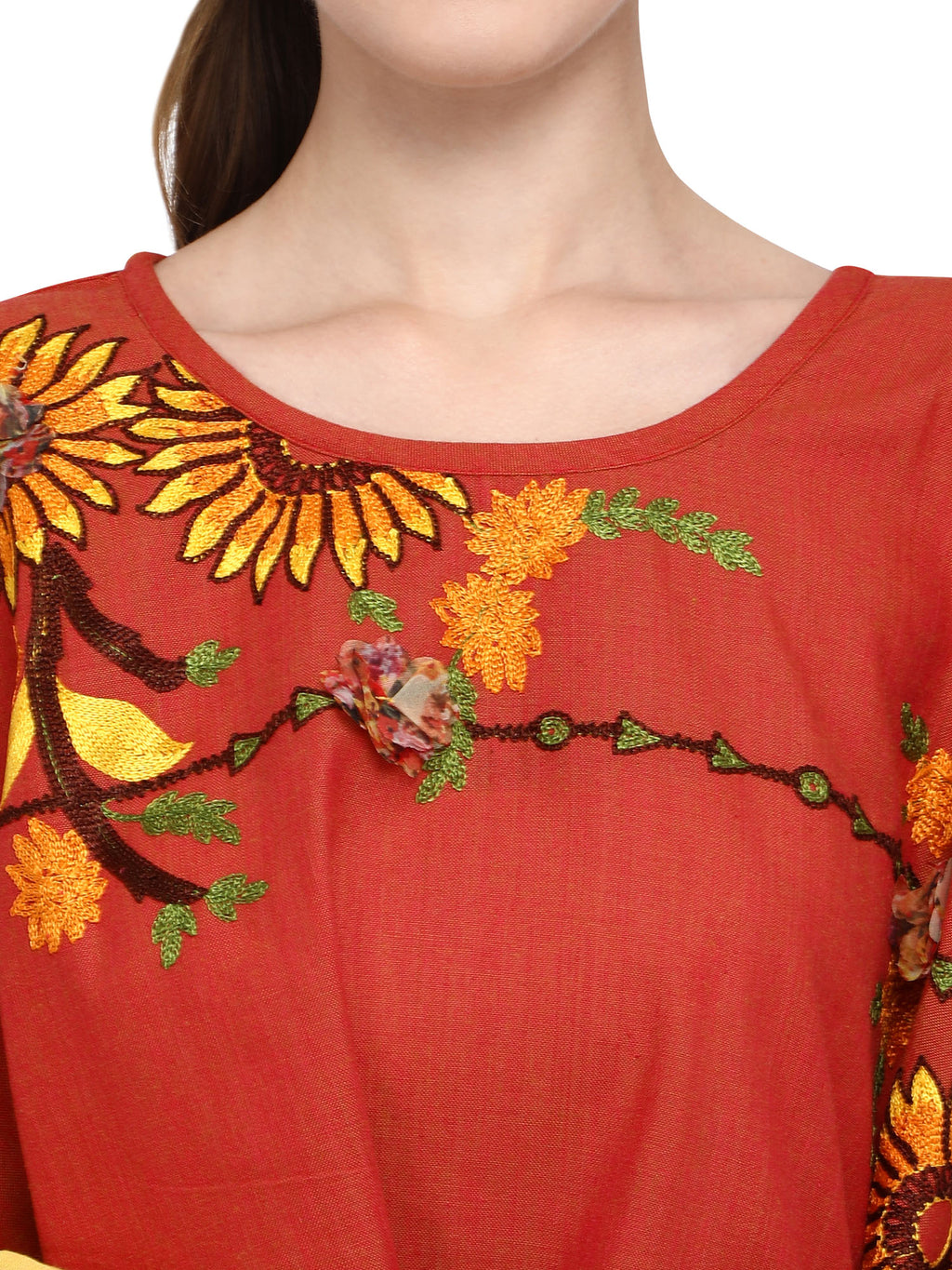 Rust Sunflower Embroidery Assymetric poncho (MF9005)