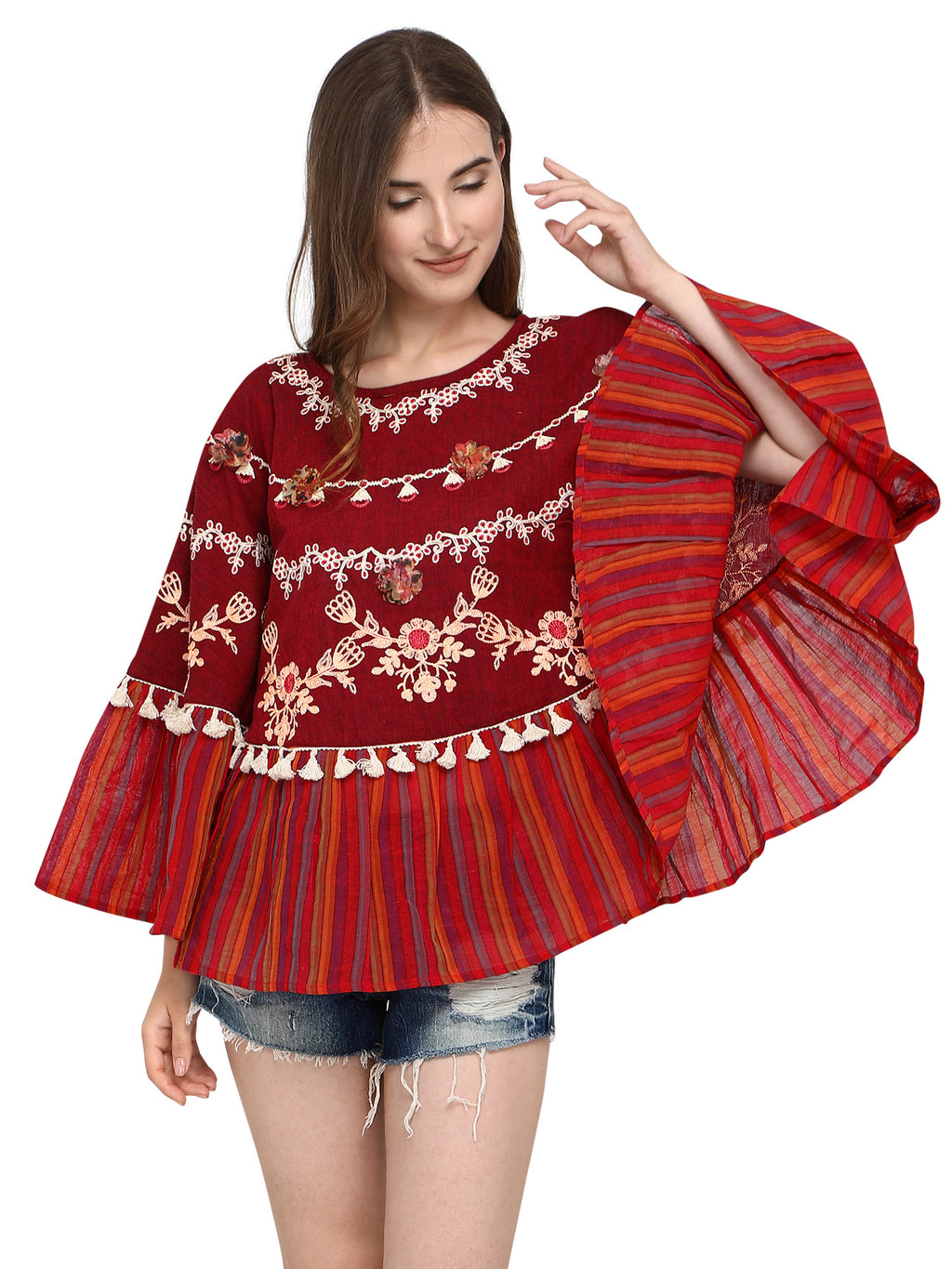 Deep Wine Mustard Frill Circular Poncho With 3D Poncho (MF9008)