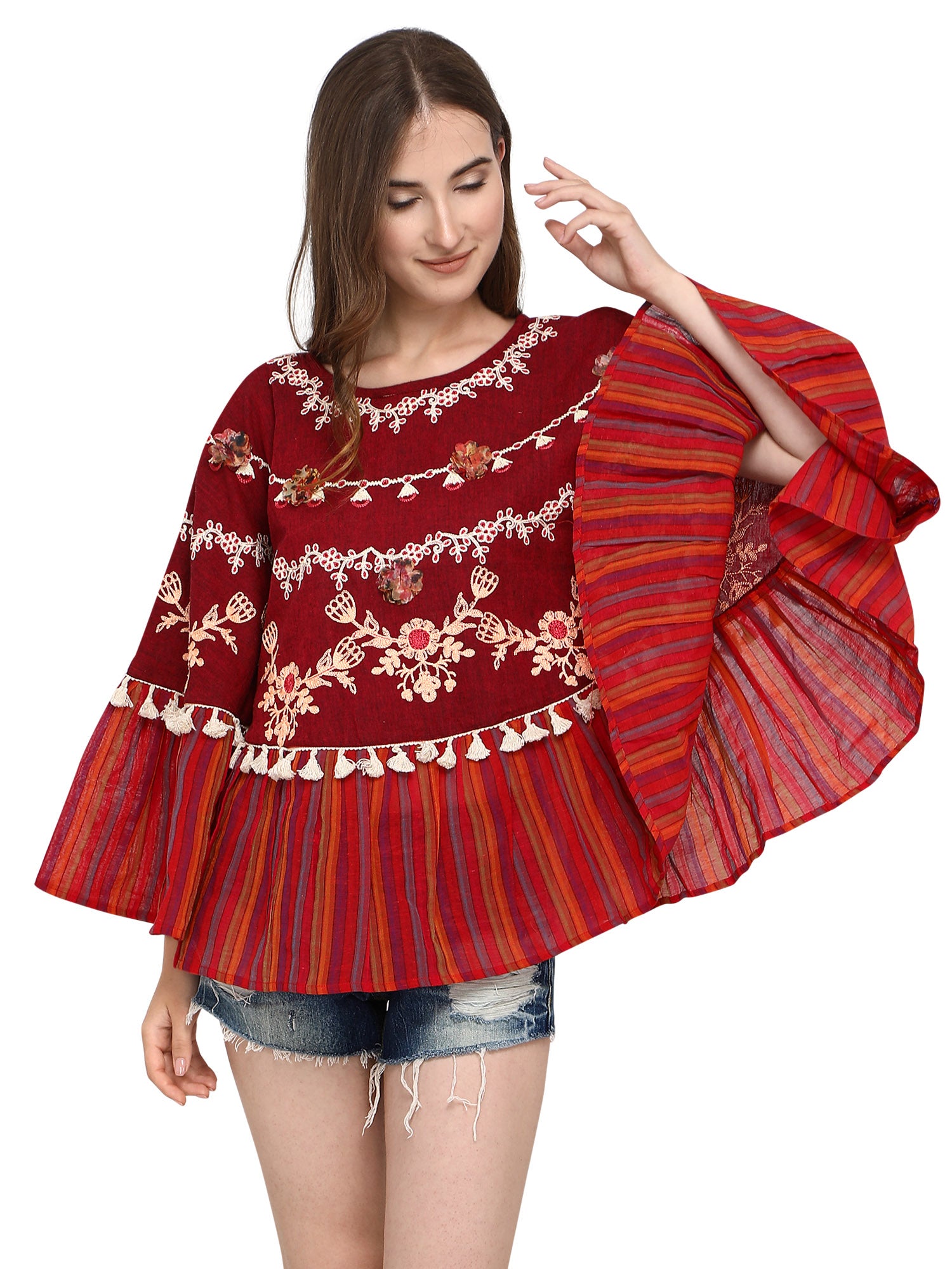 Deep Wine Mustard Frill Circular Poncho With 3D Poncho (MF9008)