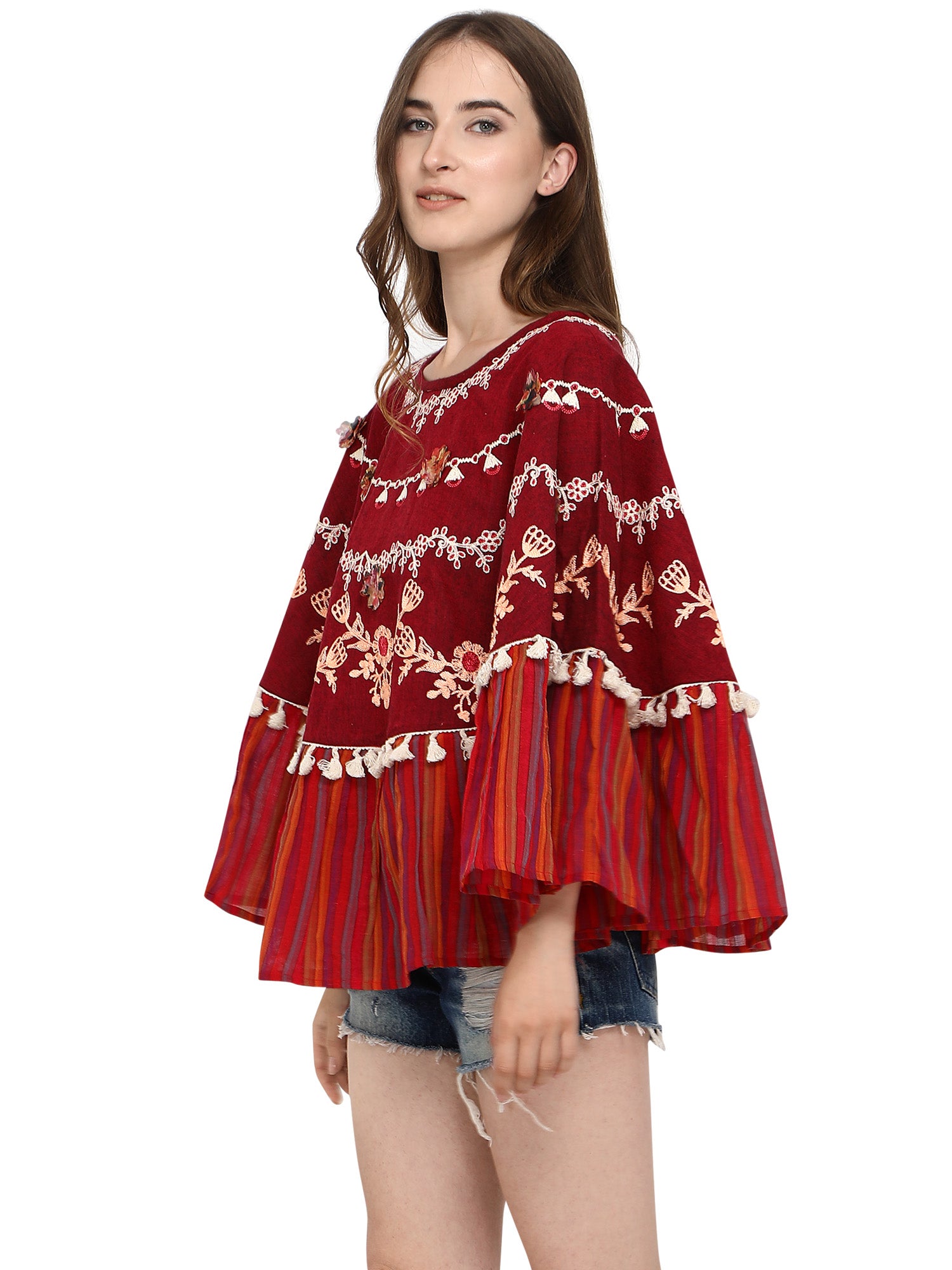 Deep Wine Mustard Frill Circular Poncho With 3D Poncho (MF9008)