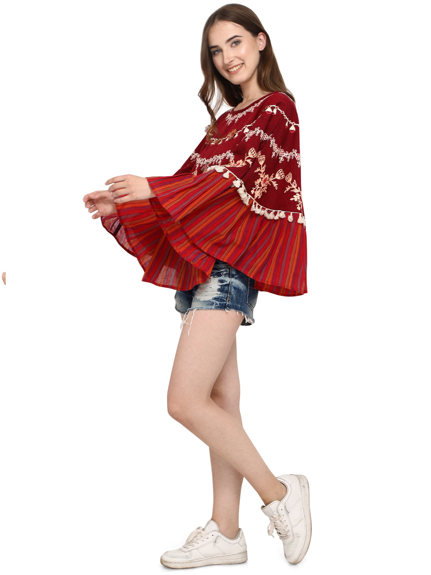 Deep Wine Mustard Frill Circular Poncho With 3D Poncho (MF9008)